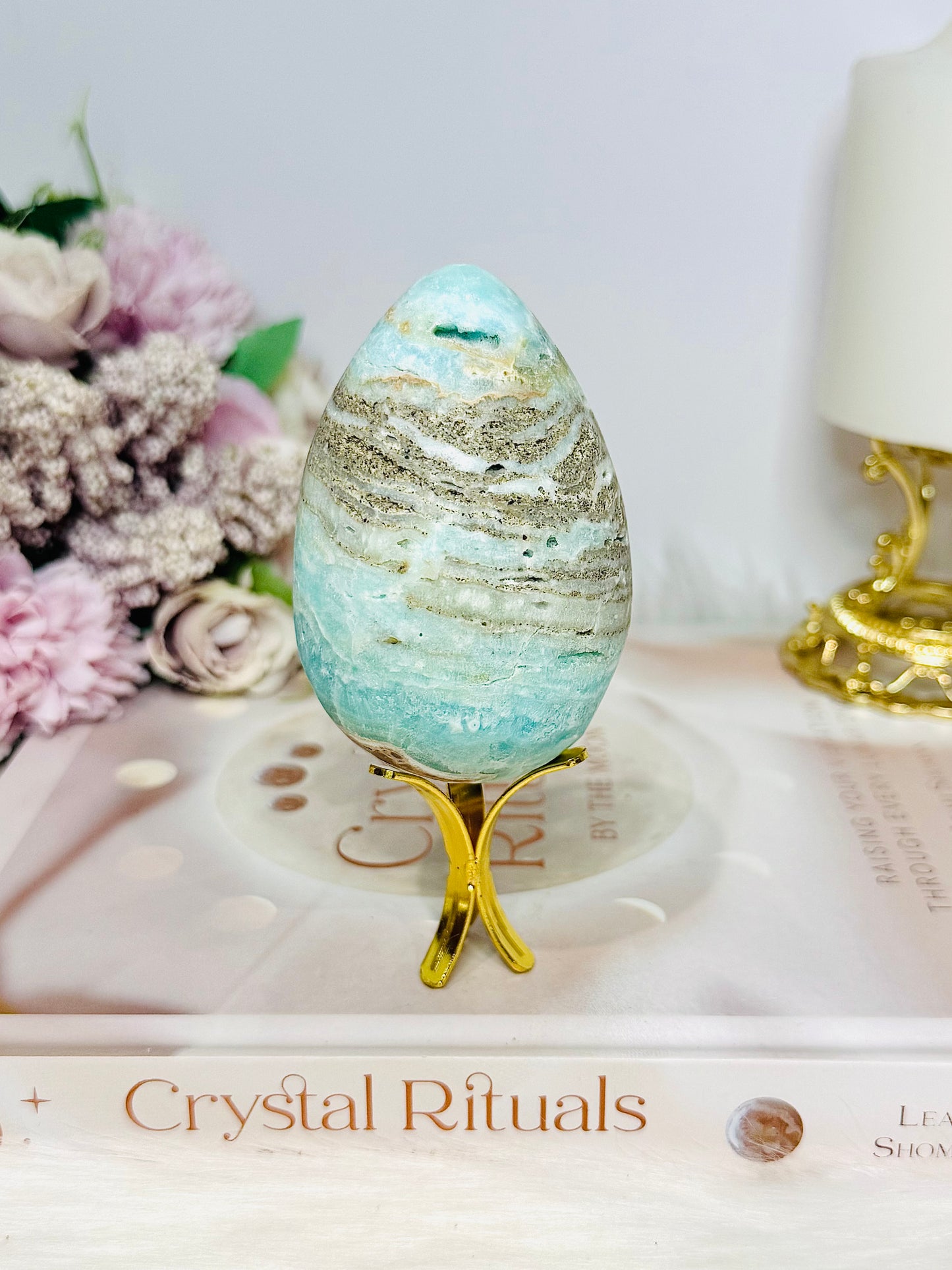Blue Caribbean Calcite Druzy Egg On Stand 8cm 263g
