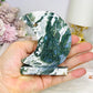 Moss Agate Druzy Moon On Stand 9.5cm 243g