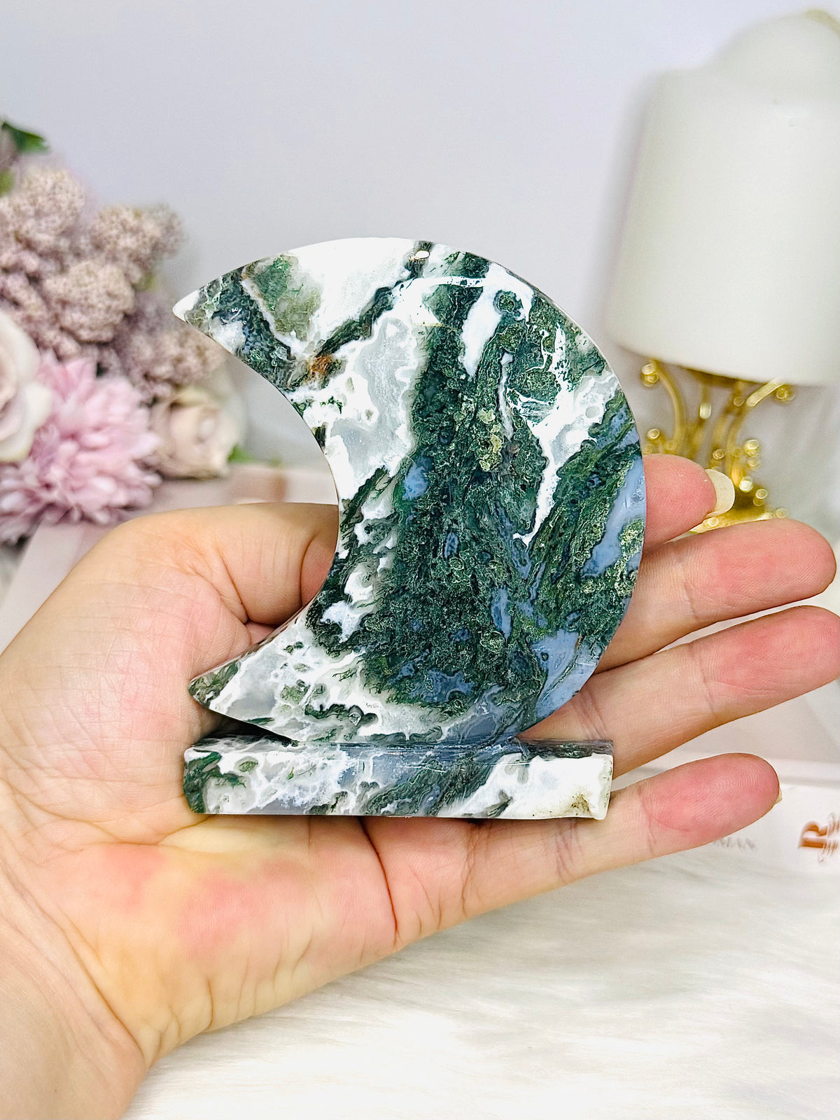 Moss Agate Druzy Moon On Stand 9.5cm 243g