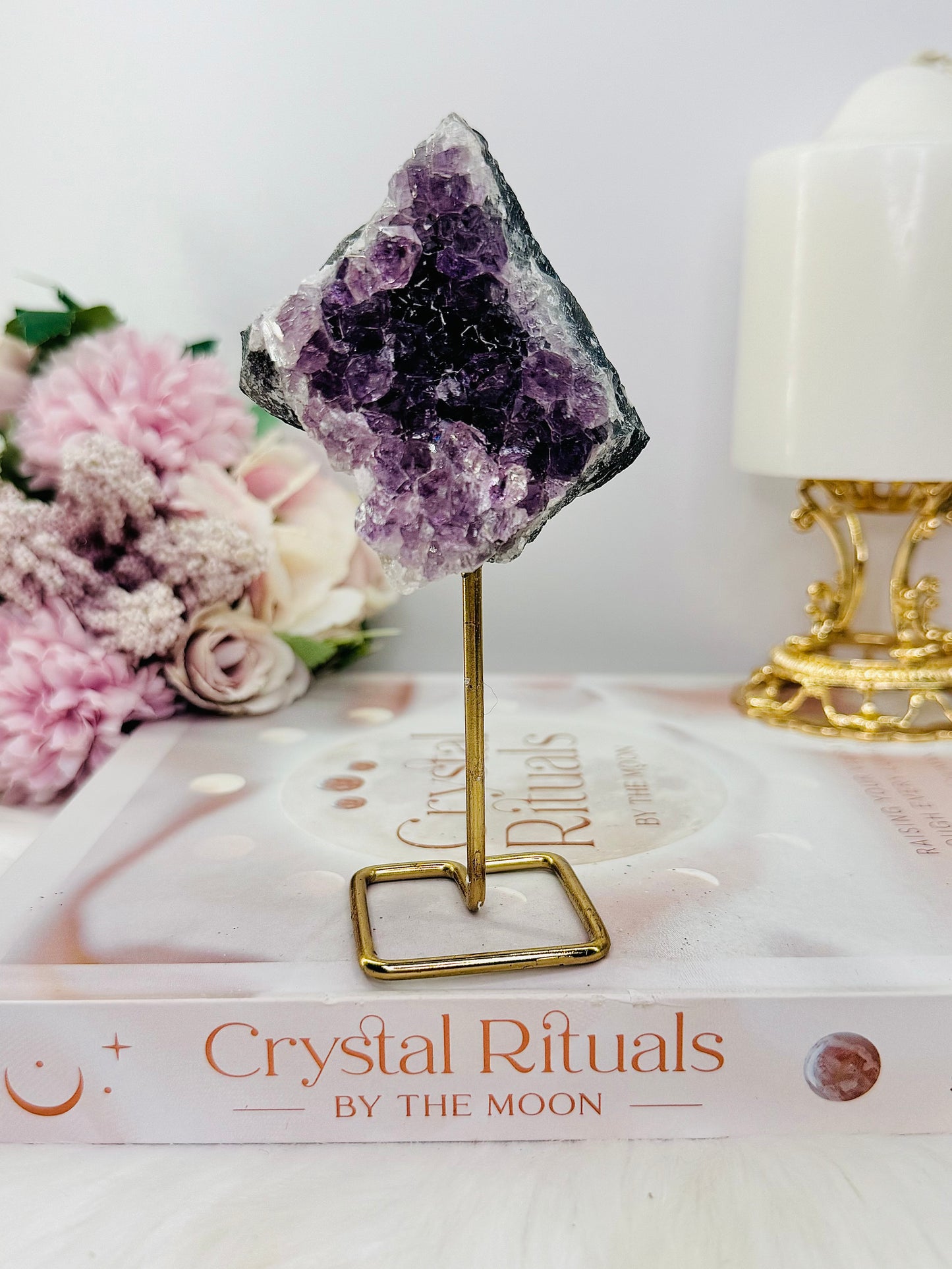 Natural Amethyst Cluster on Gold Stand 13cm