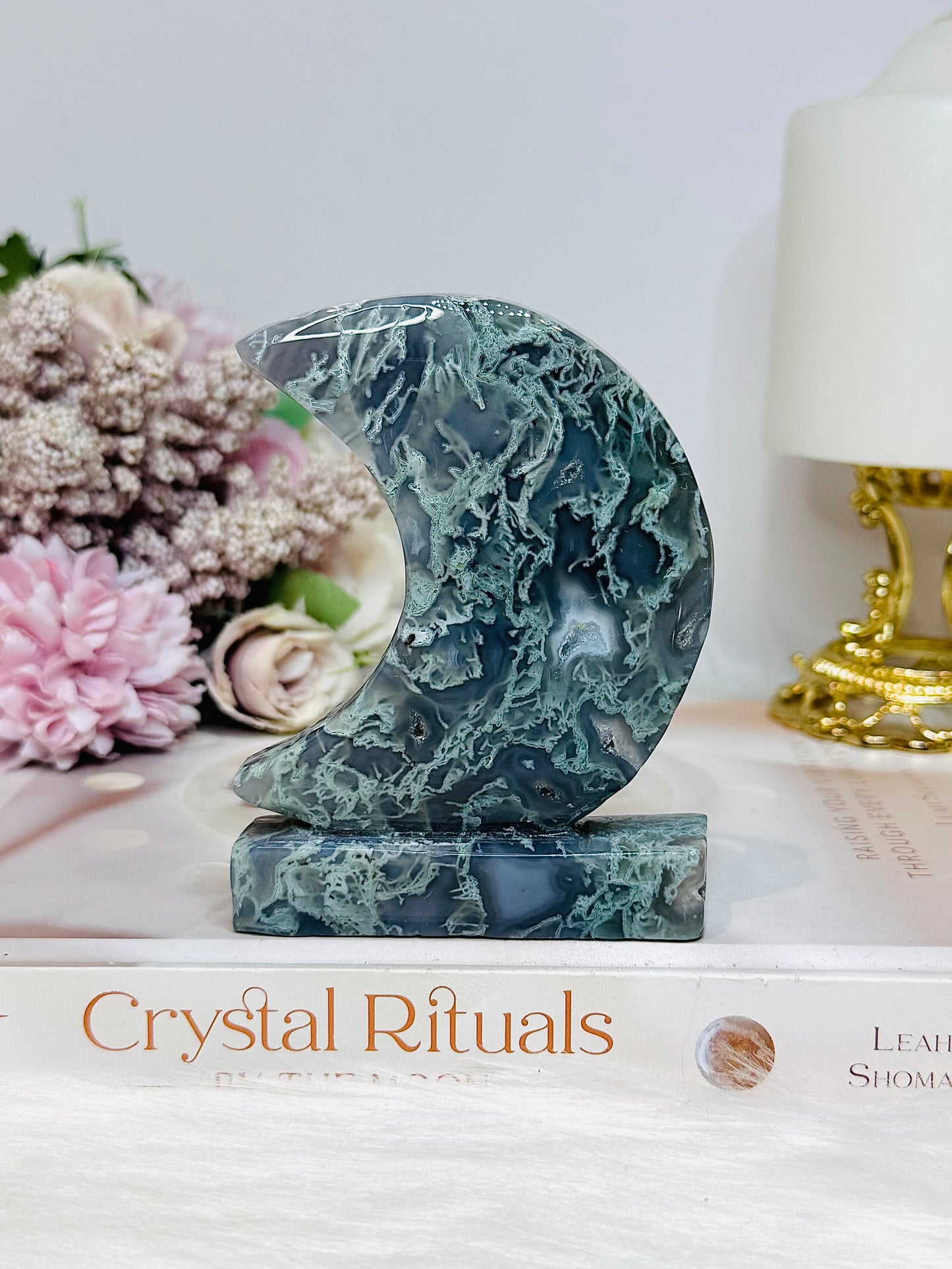 Moss Agate Druzy Moon On Stand 9.5cm