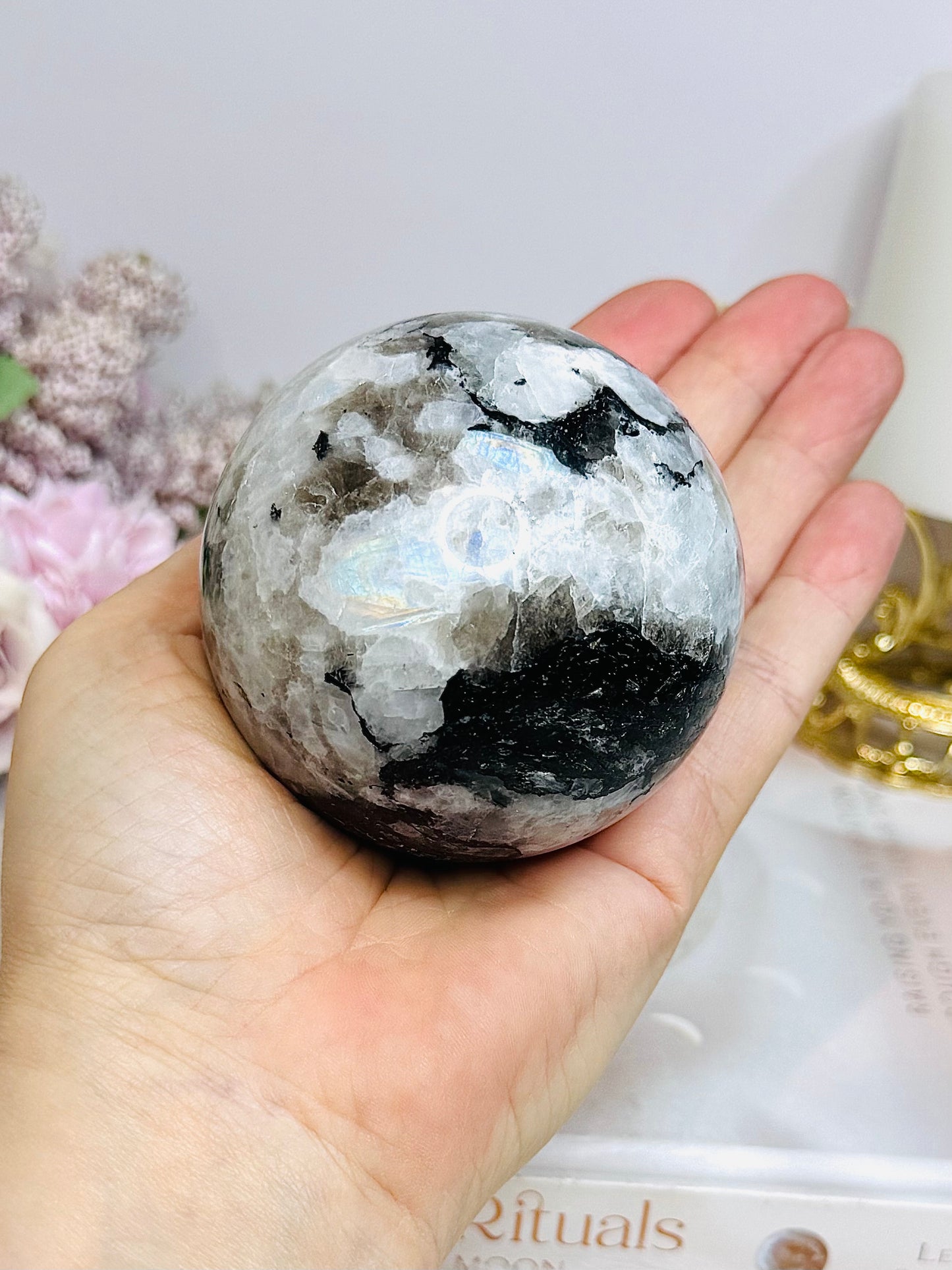 Large Rainbow Moonstone Sphere with Blue Flash 464g