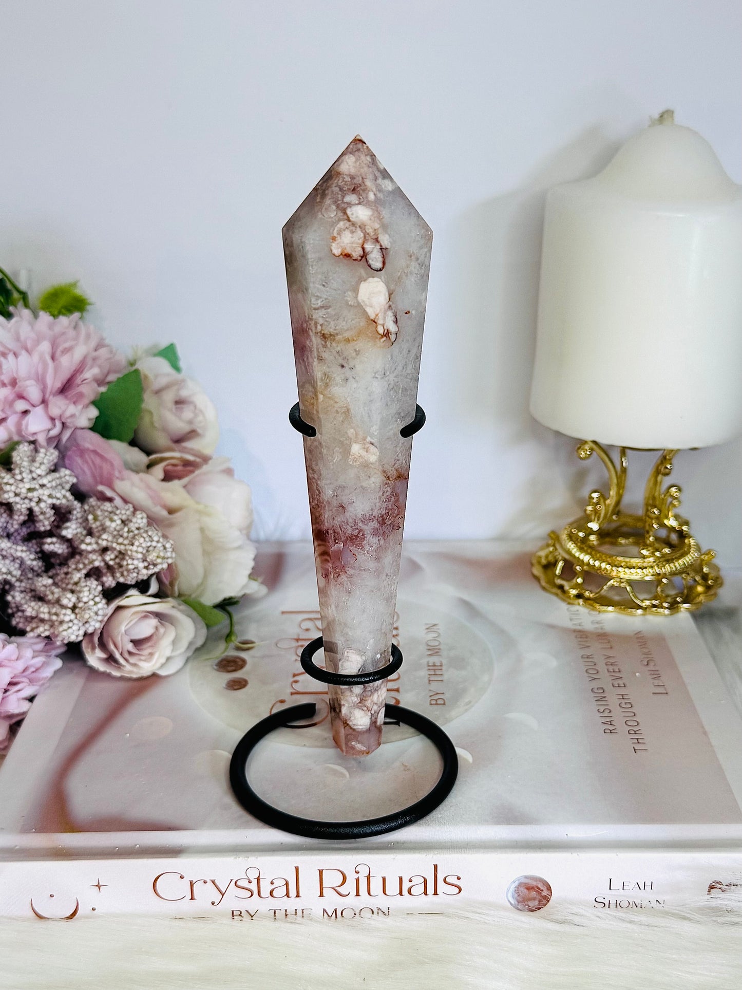 Stunning Cherry Blossom Agate Carves Wand | Tower On Stand 17cm (Inc Stand )