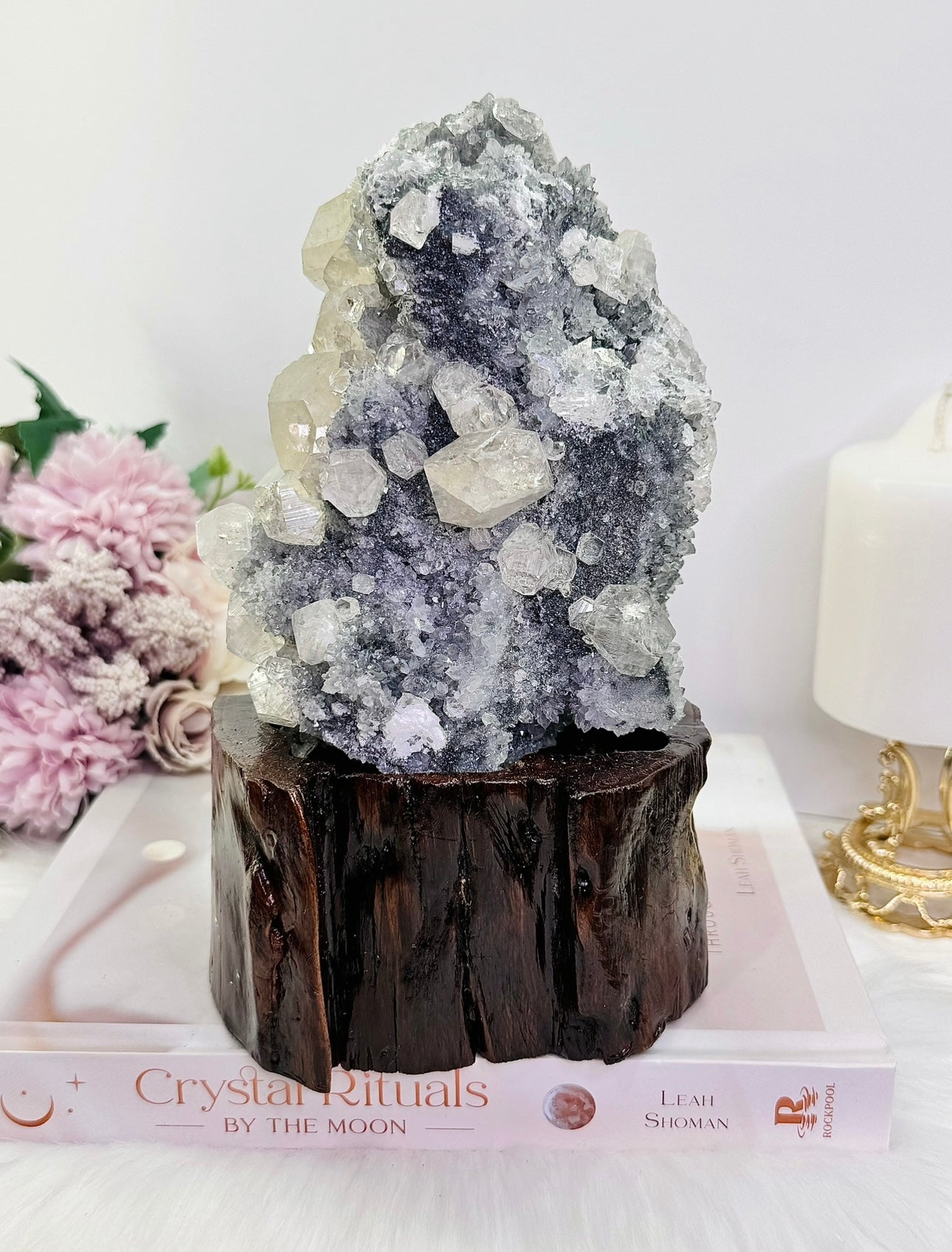 Natural Gorgeous Large Calcite Cluster 20cm On Timber Stand (UV Reactive) 1.86KG