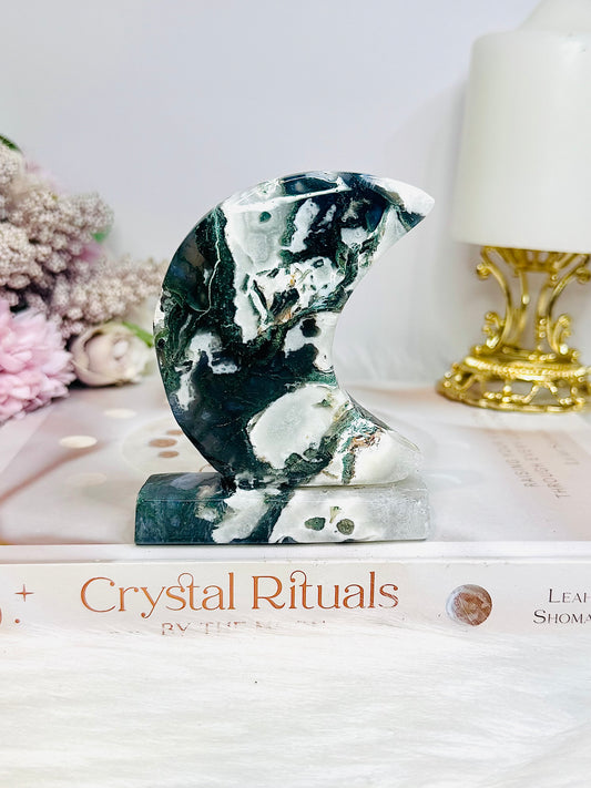 Moss Agate Druzy Moon On Stand 10cm