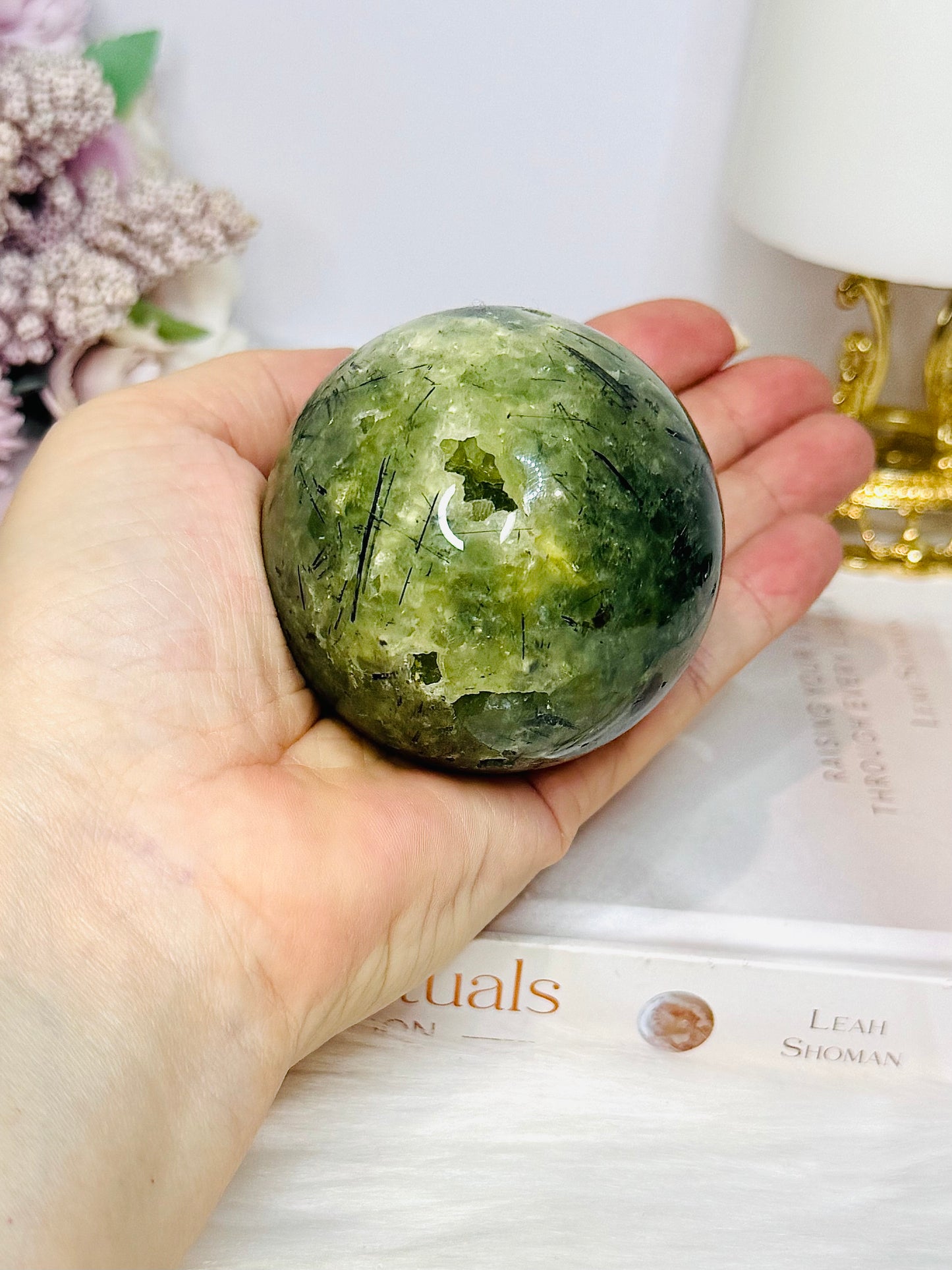 Large Druzy Prehnite Sphere on Stand 357g