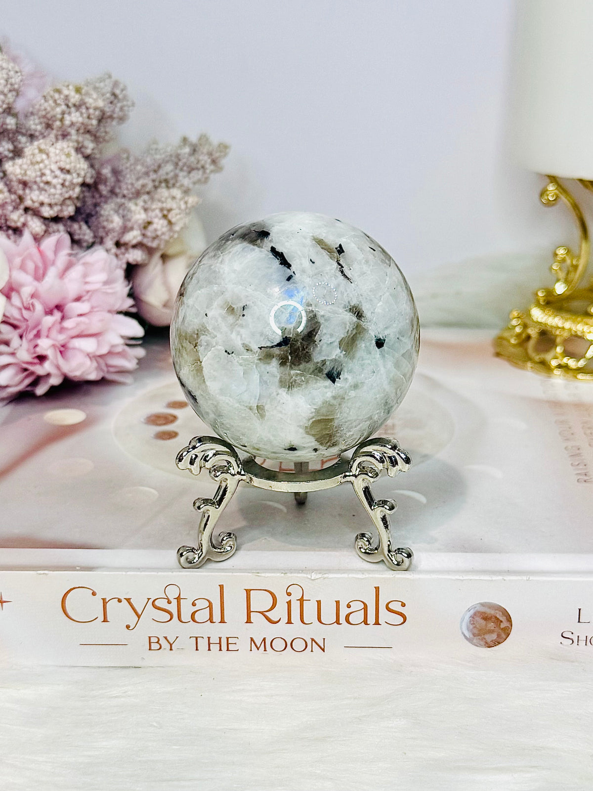 Rainbow Moonstone Sphere on Stand 223g