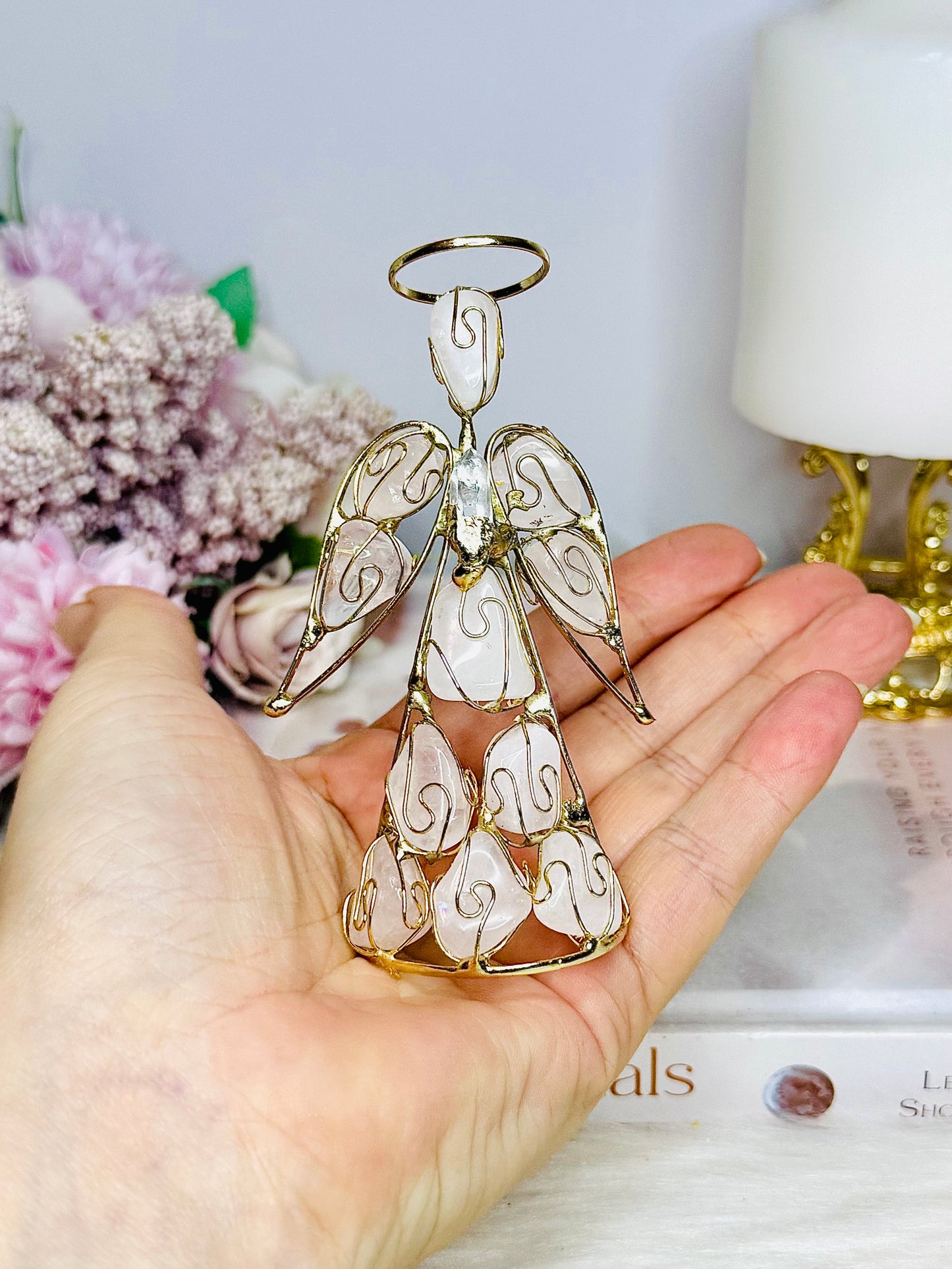 Rose Quartz Angel with Gold Wire 10cm