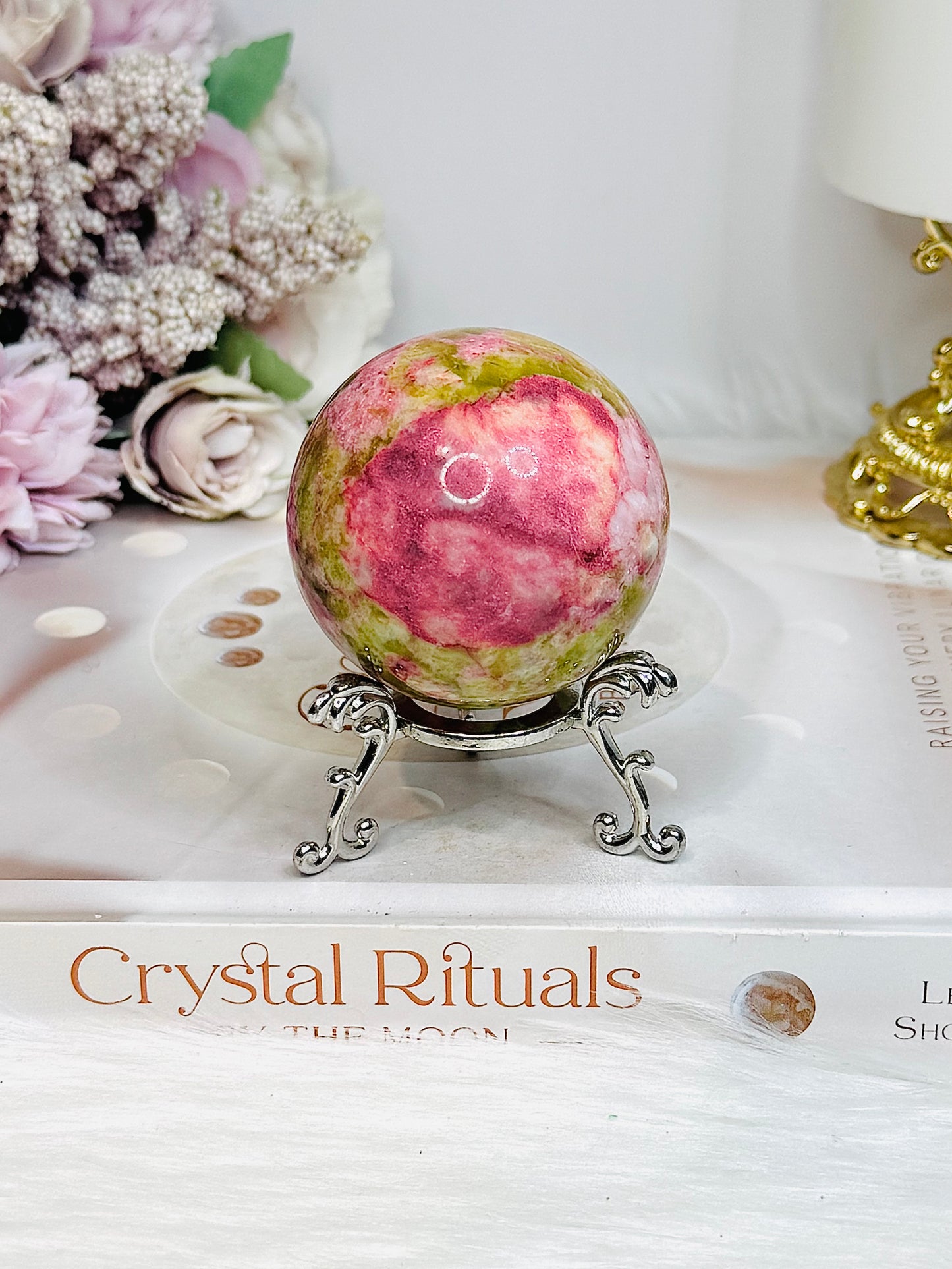 Thulite Sphere with Epidote 208g On Stand