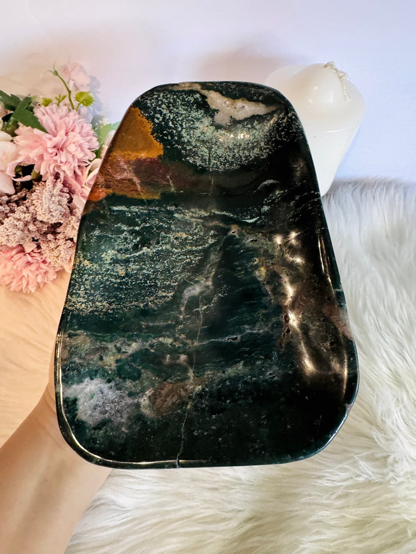 Large Natural Green Jasper Carved Bowl | Platter 22cm 1.95KG