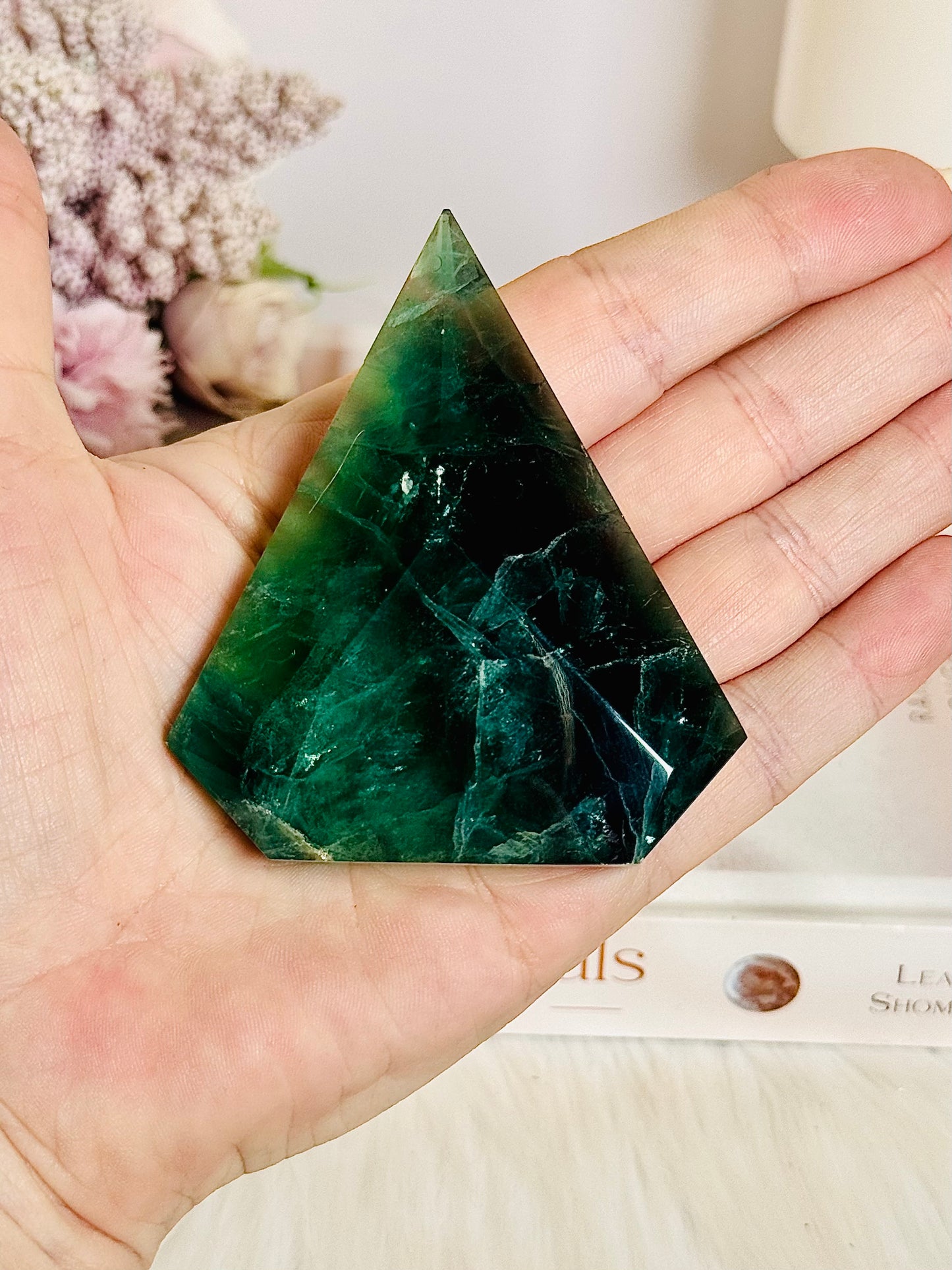 Perfect 8cm Green Fluorite Faceted Carved Flame