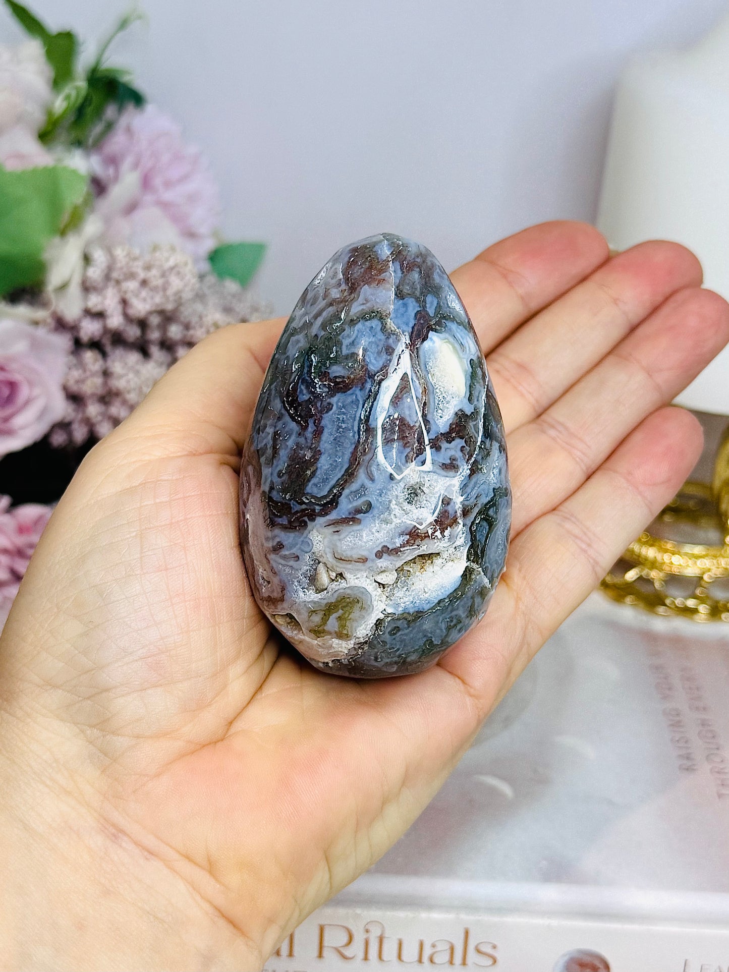 Druzy Moss Agate Carved Egg On Stand 206g