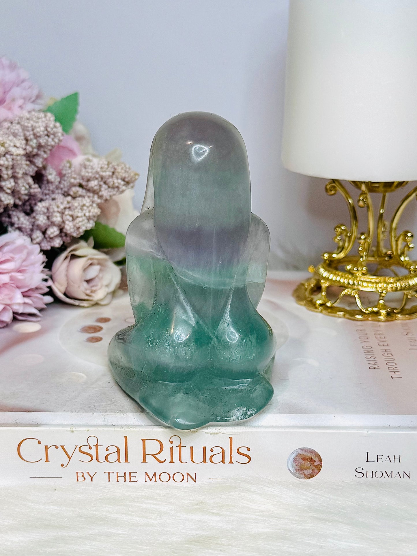 Large Mother Earth Fluorite Carving (chip on back foot) 10cm 396g