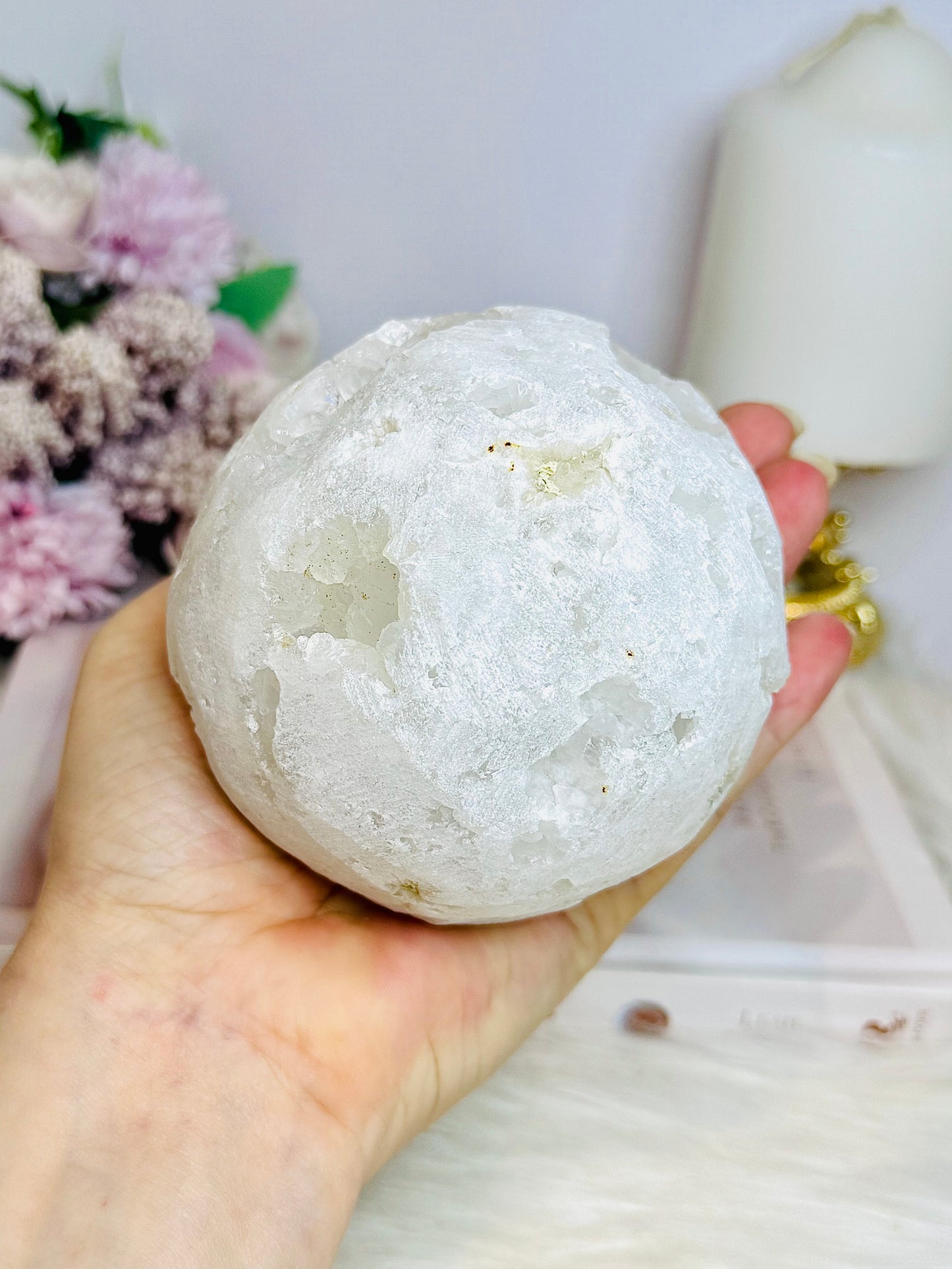 Large Moroccan Quartz Geode Druzy Sphere On Stand 734g