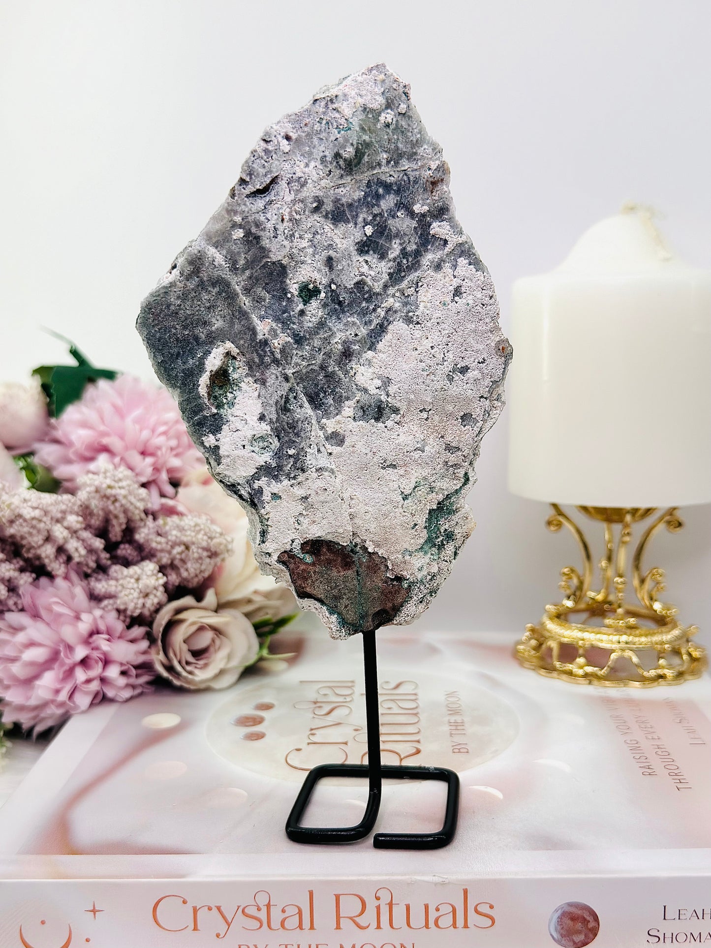 Tall 18cm Natural Zeolite | Flower Amethyst Slab on Stand From Brazil