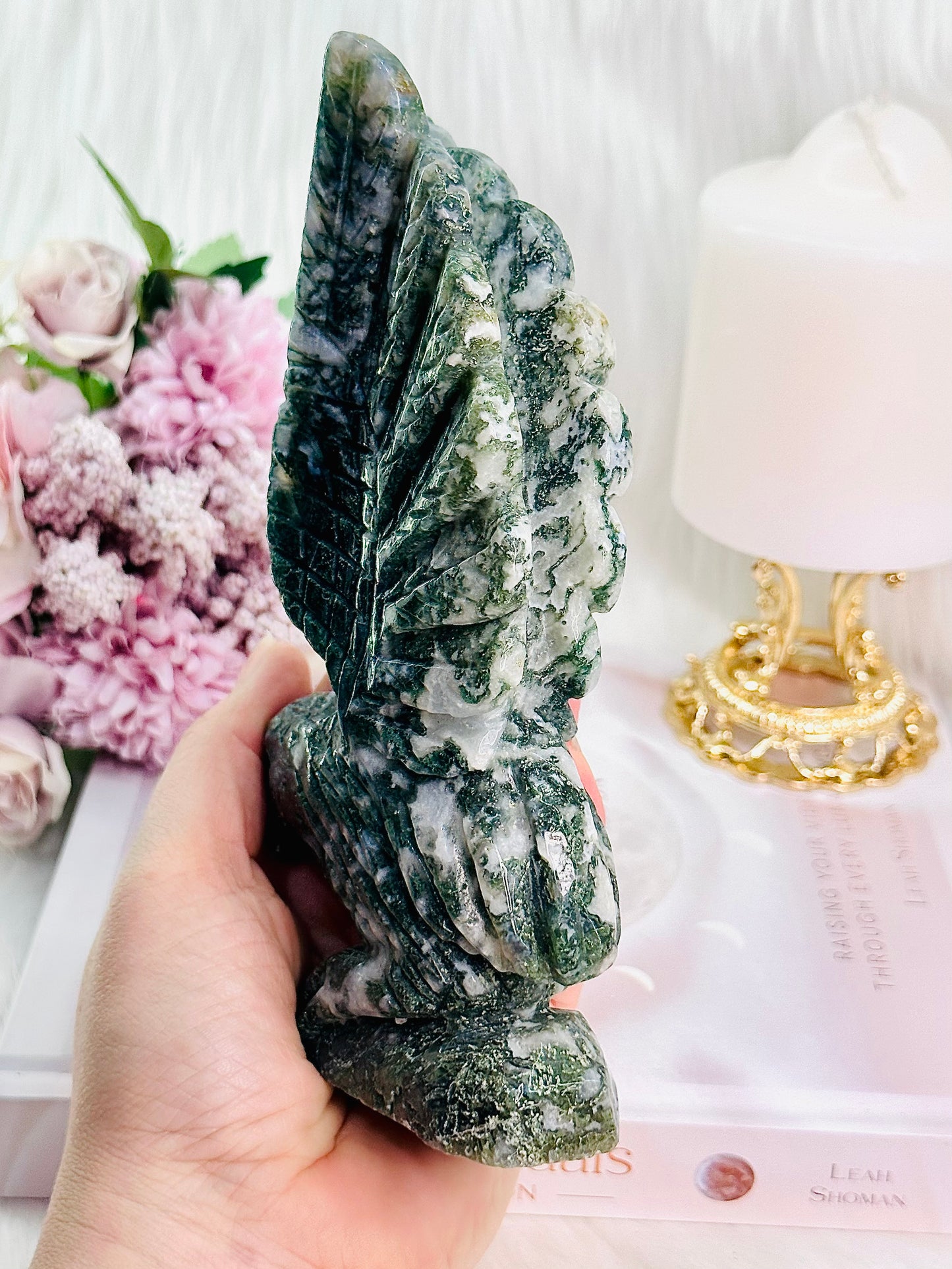 Peace & Tranquility ~ Absolutely Perfection! Large 18cm Moss Agate Carved Eagle