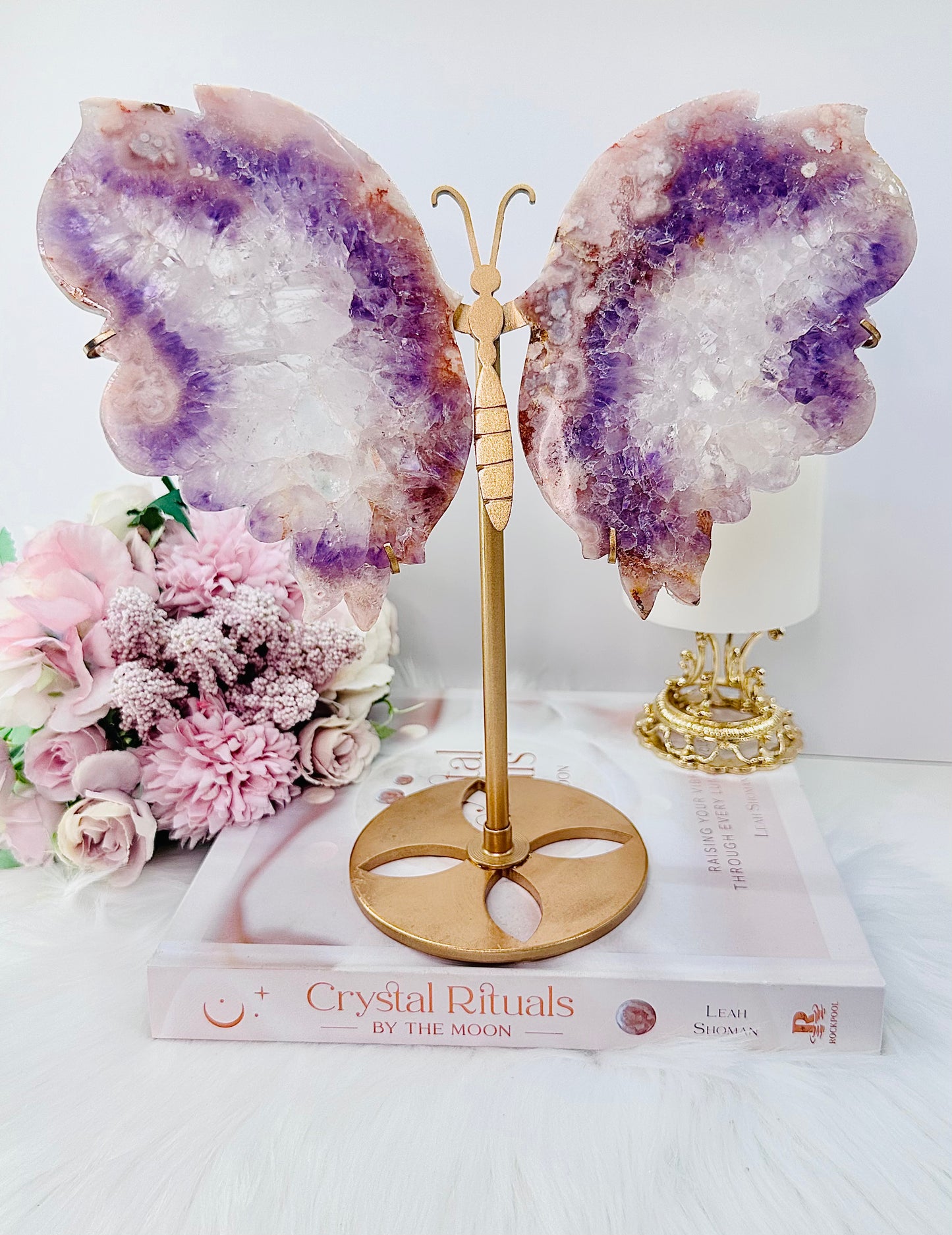 Classy & Fabulous Large Rare Amethyst X Flower Agate Carved Butterfly Wings On Gold Stand 24cm From Brazil