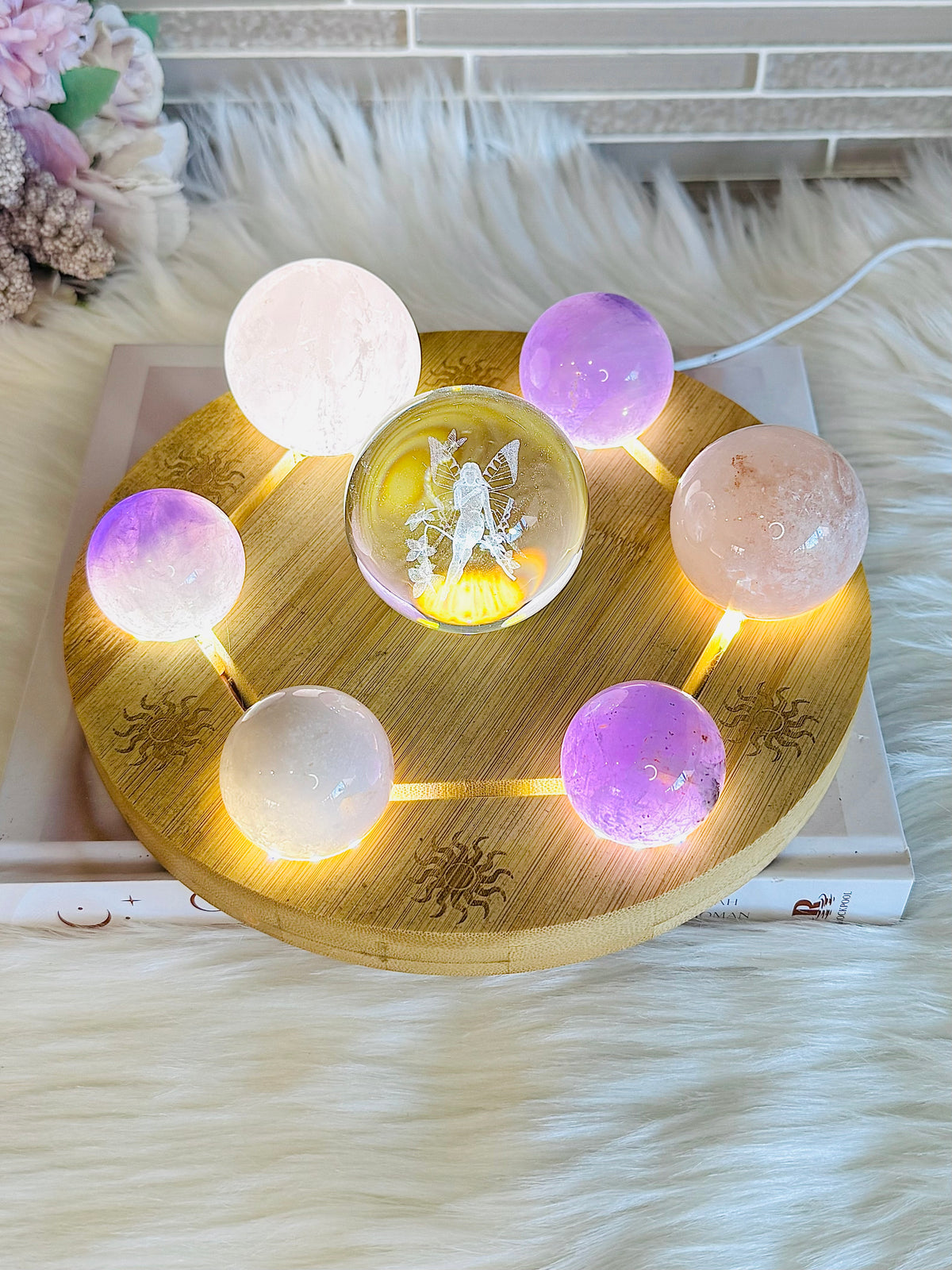 Feminine Energy ~ Large Light Stand 20cm with Glass Fairy Sphere, 3 Amethyst Spheres, Rose Quartz Sphere & 2 Pink Amethyst Spheres