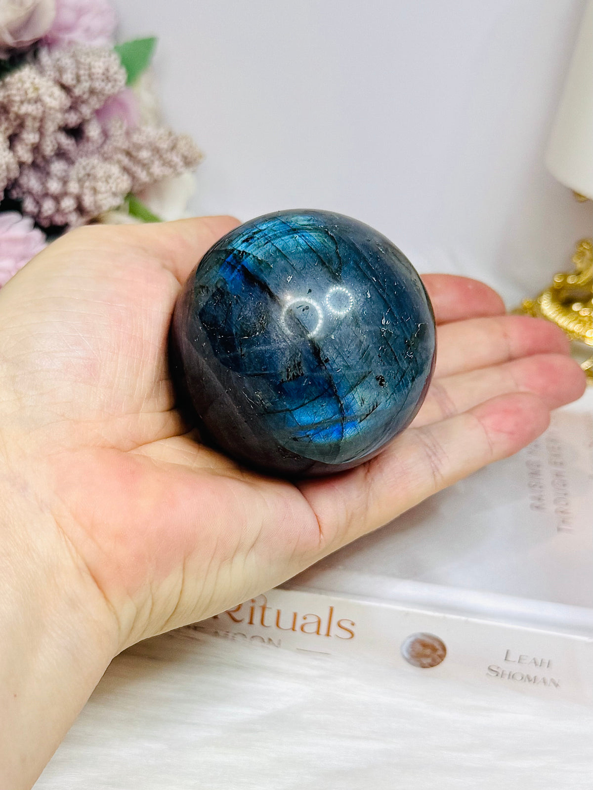 Large Blue Flash Labradorite Sphere On Stand 277g