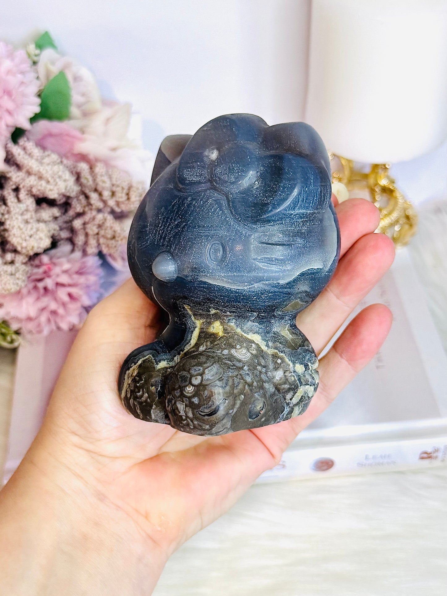 Large Volcanic Agate Carved Hello Kitty 646grams UV Reactive