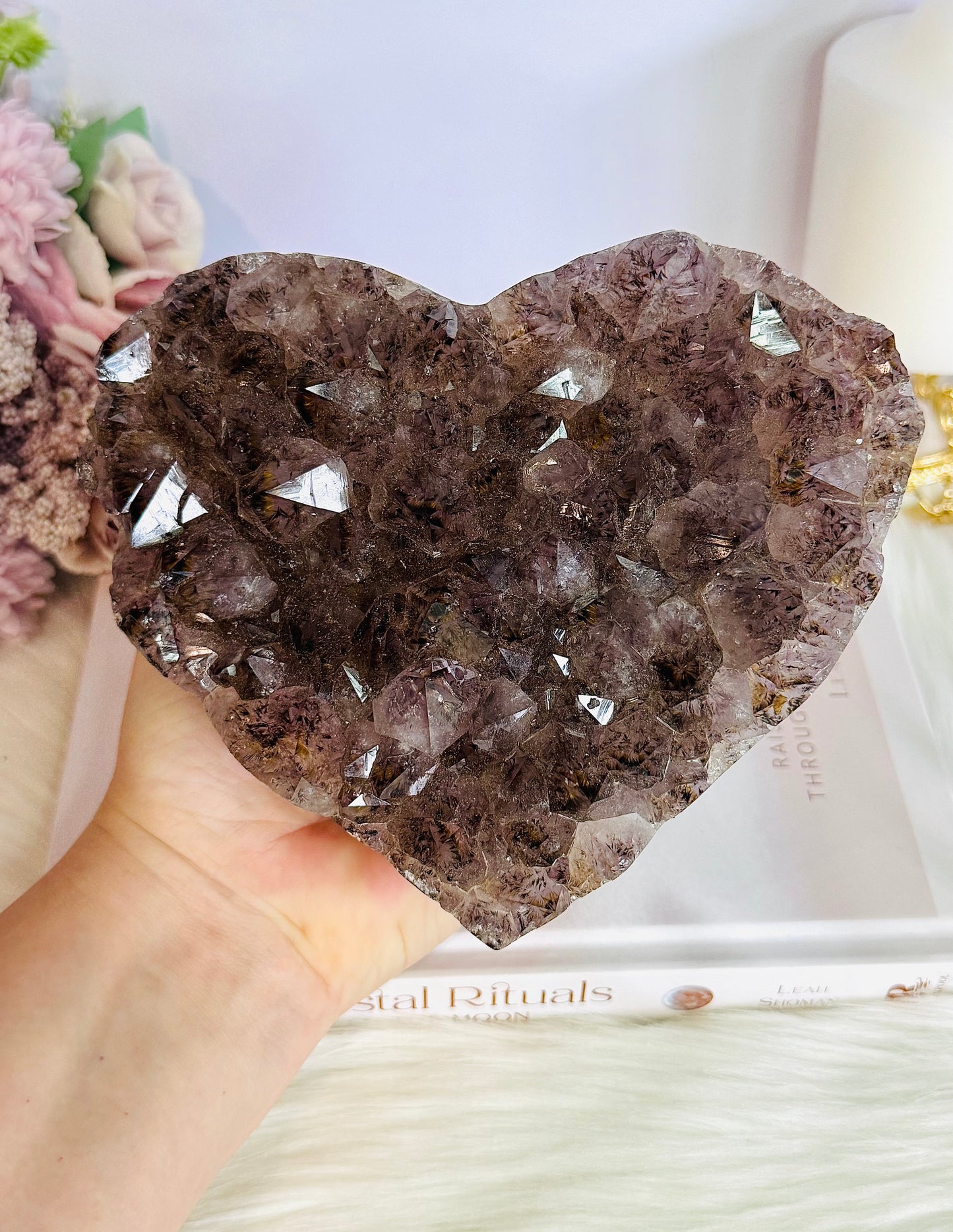 Magnificent 15cm Wide Amethyst Cluster Carved Heart On Custom Stand