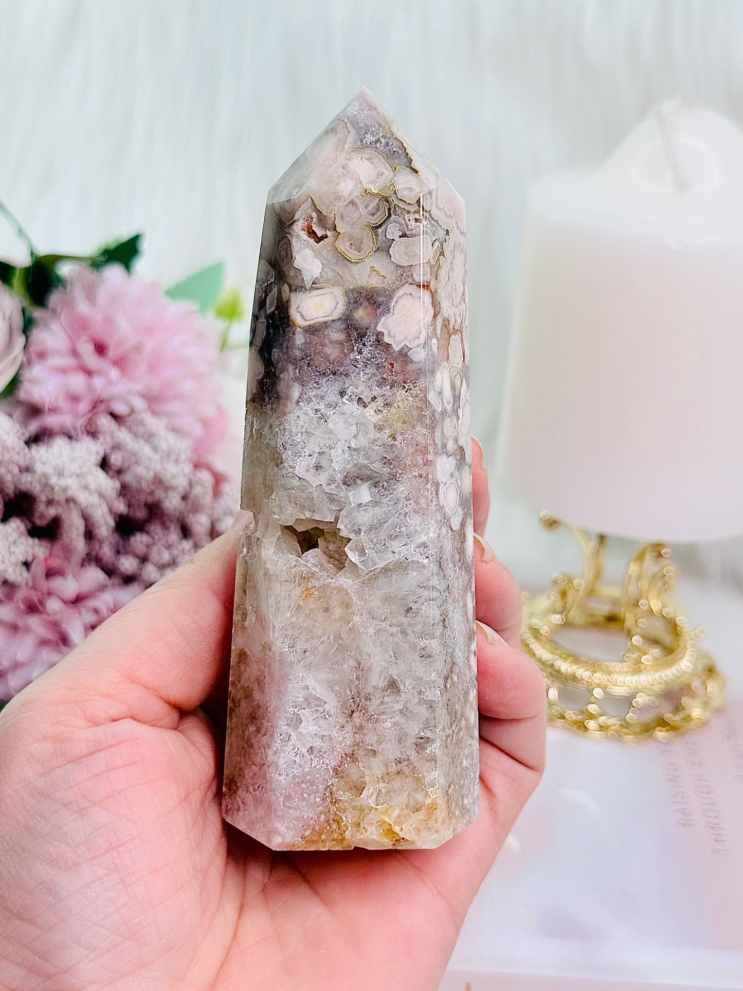 Absolutely Incredible Pink Amethyst X Flower Agate Druzy Tower 13cm From Brazil