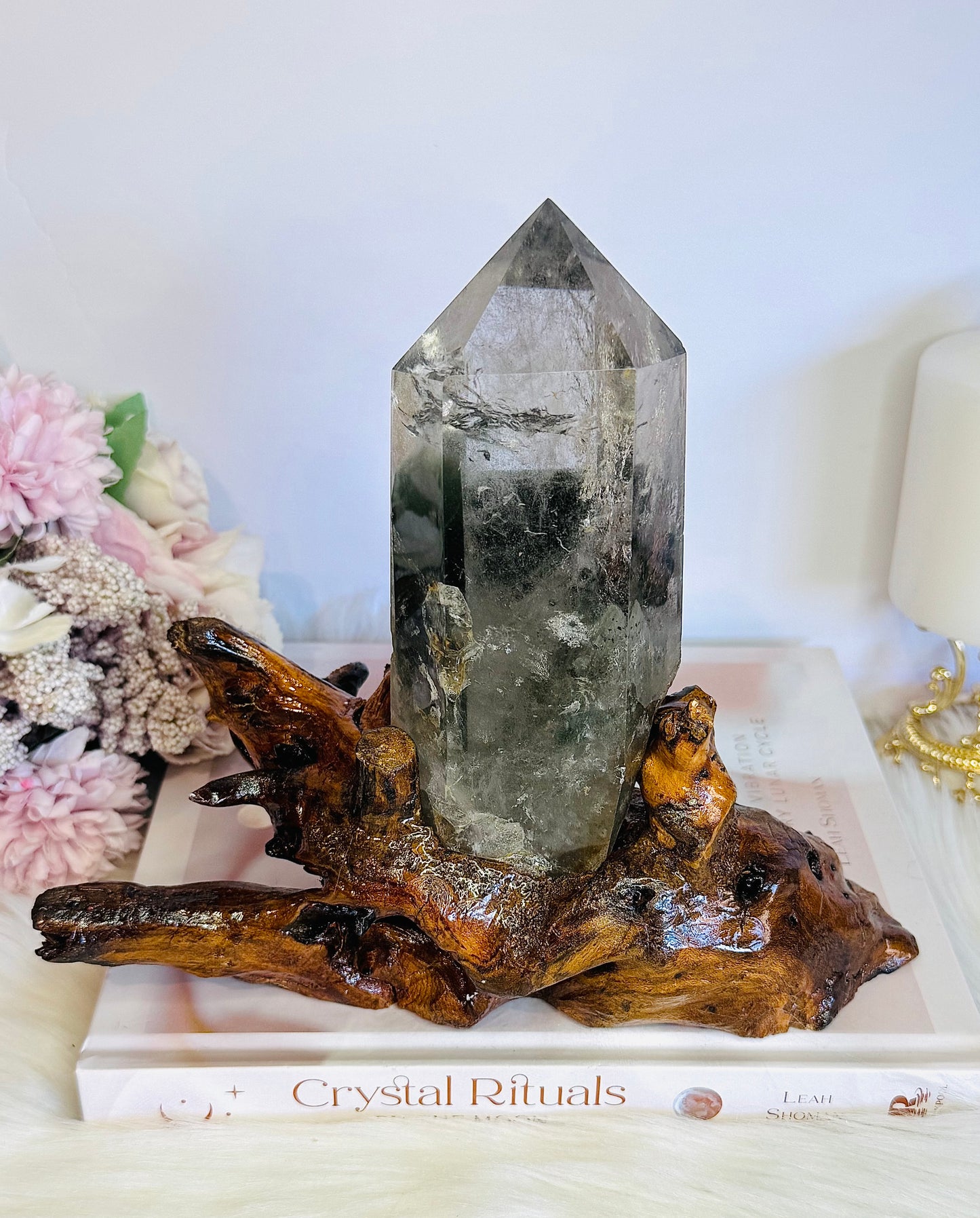 Stunning Large Garden Quartz | Lodolite Tower on Timber Base 938grams 27cm