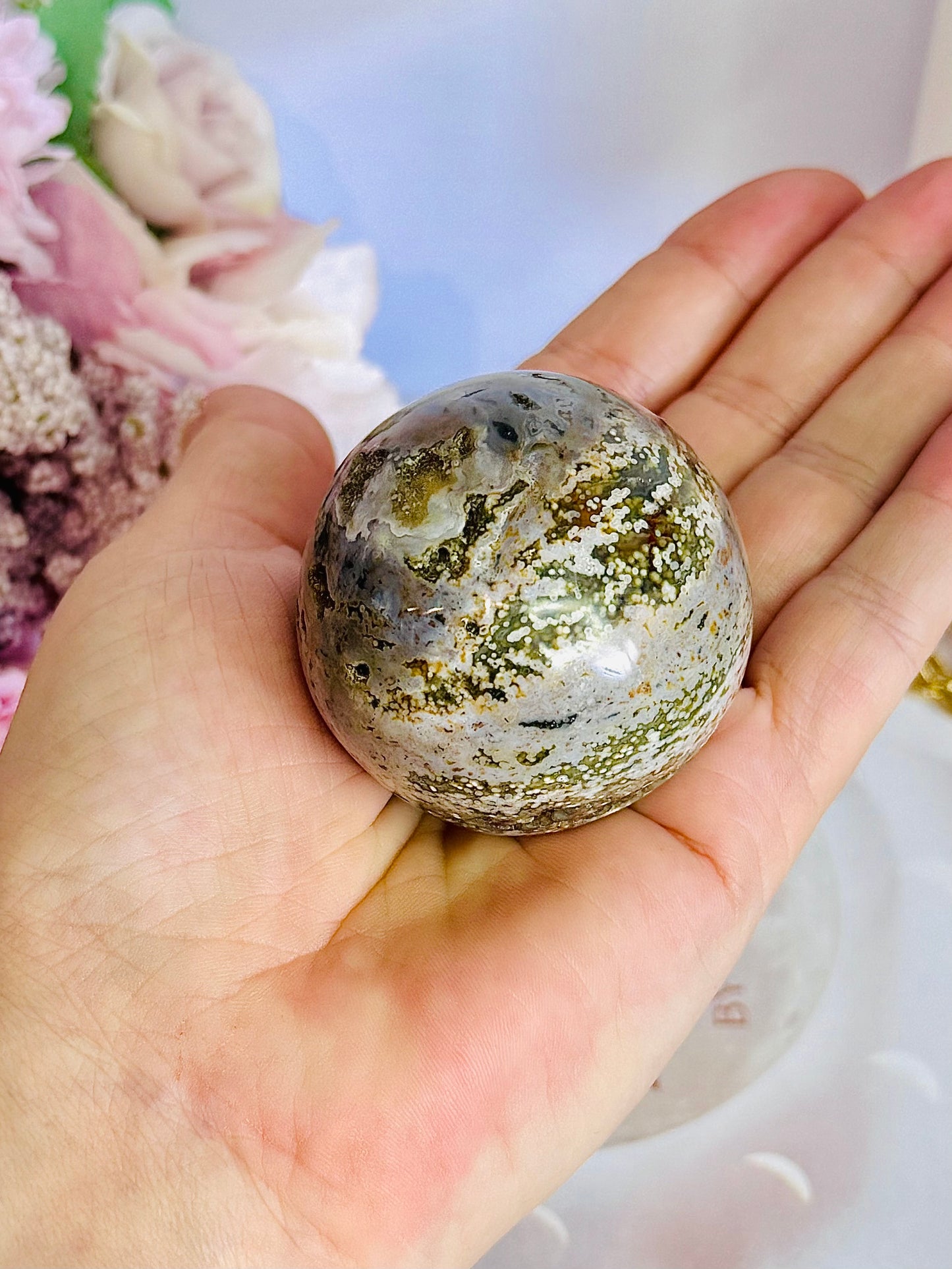 Absolutely Beautiful Druzy Orbicular Ocean Jasper Egg 7cm On Stand