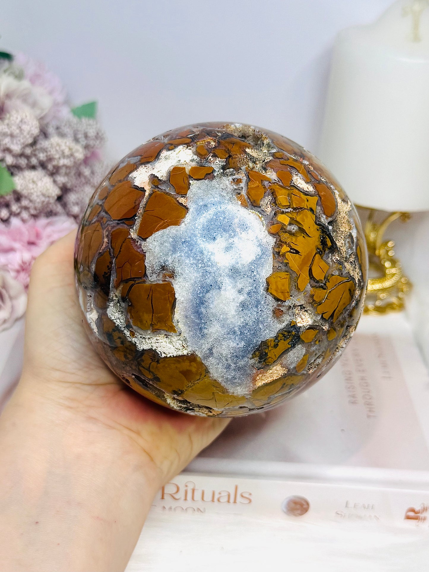 Large Brecciated Jasper Druzy Sphere On Stand 1.38KG
