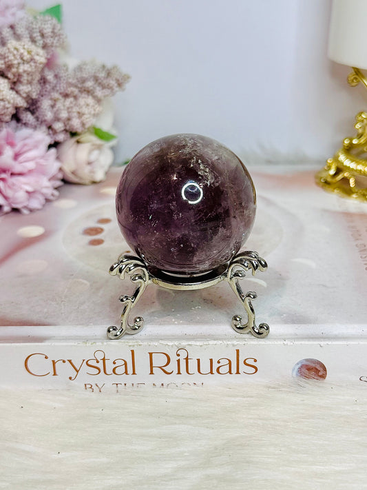 Amethyst Sphere with Rainbows on Stand 134g