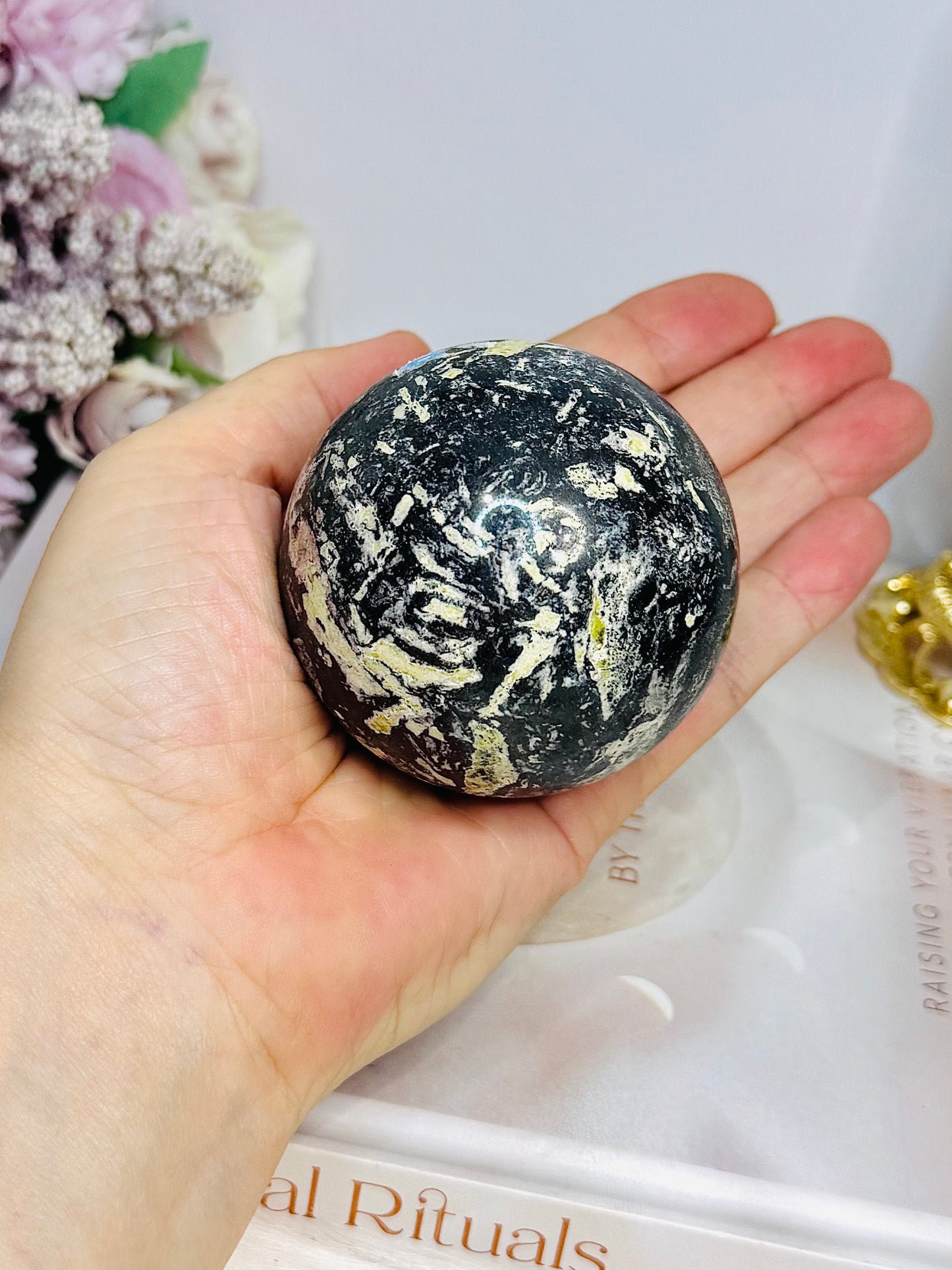 Large Chinese Writing Stone Sphere on Stand 434g