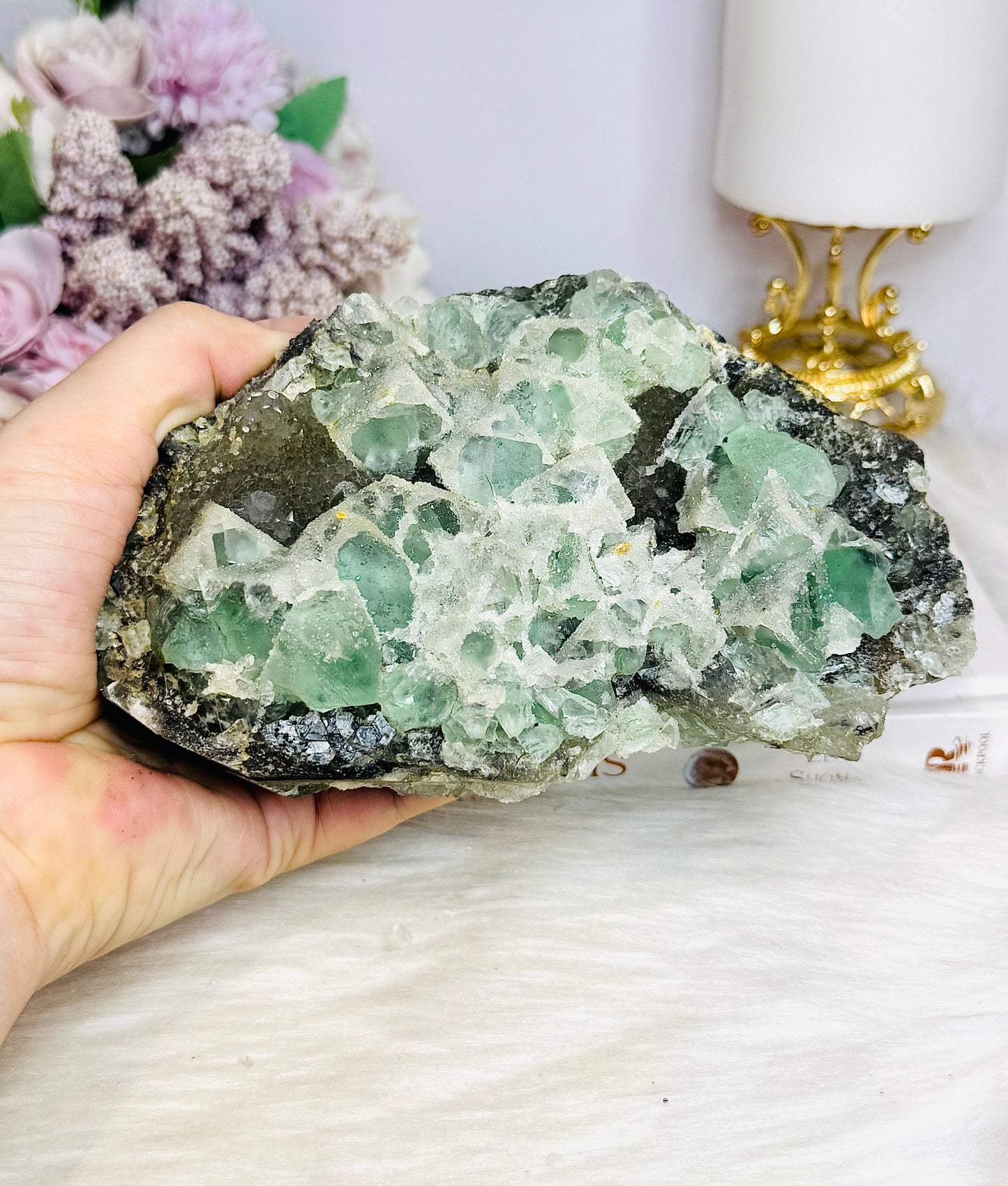 Large Green Cubed Fluorite Sugar Druzy Specimen on Matrix 15cm 777g