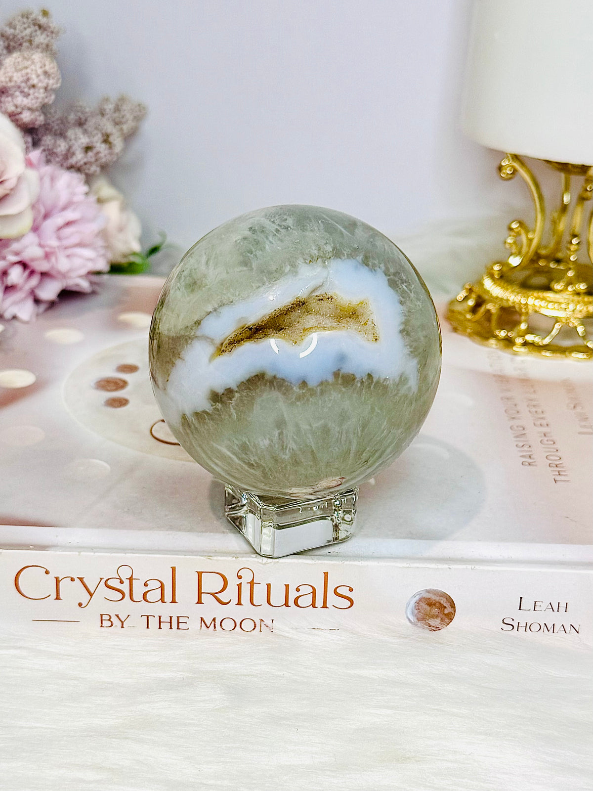 Large Green Flower Agate Sphere On Stand 369g