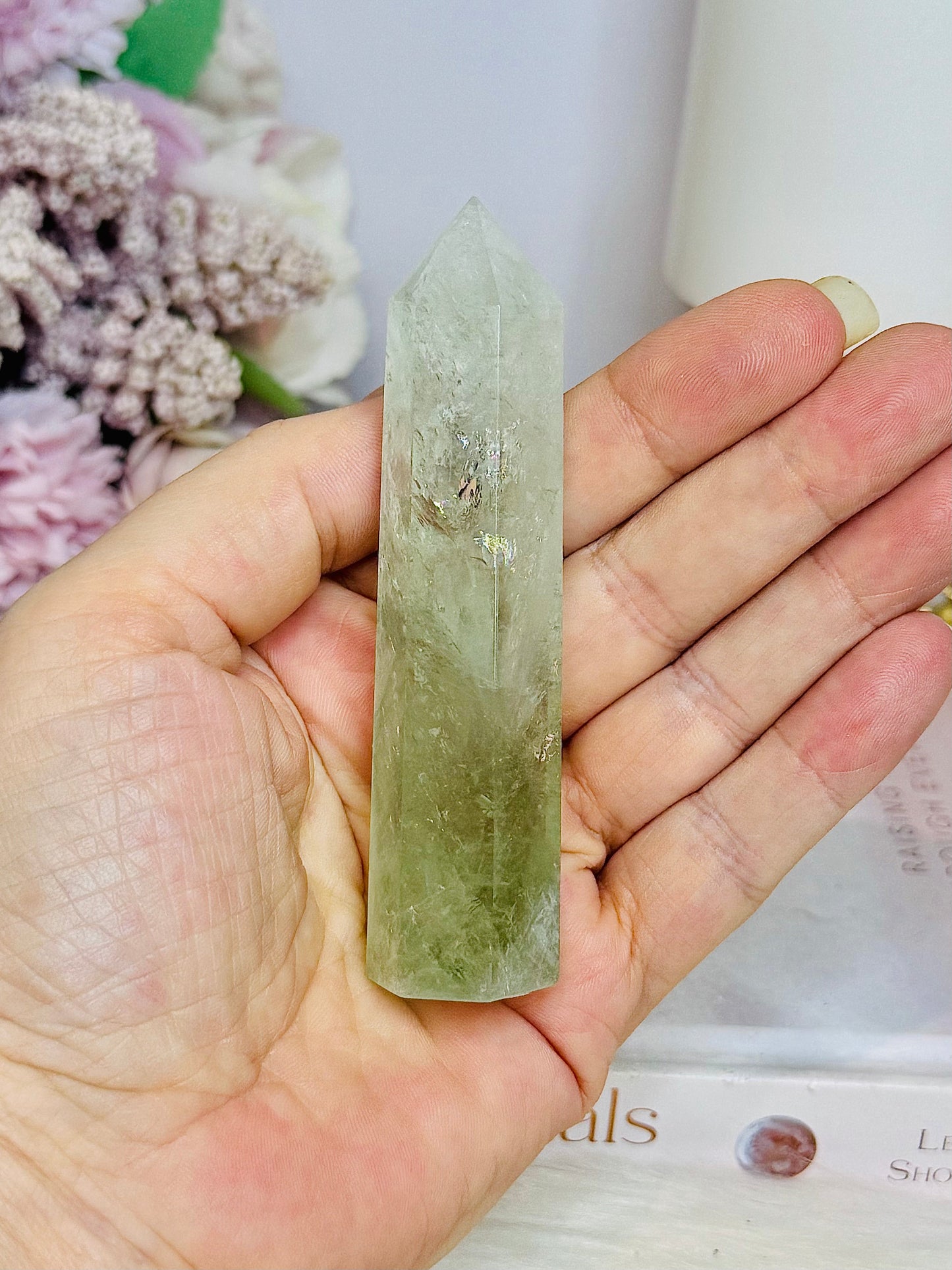 Natural Prasiolite | Green Amethyst Tower 9.5cm with Rainbows