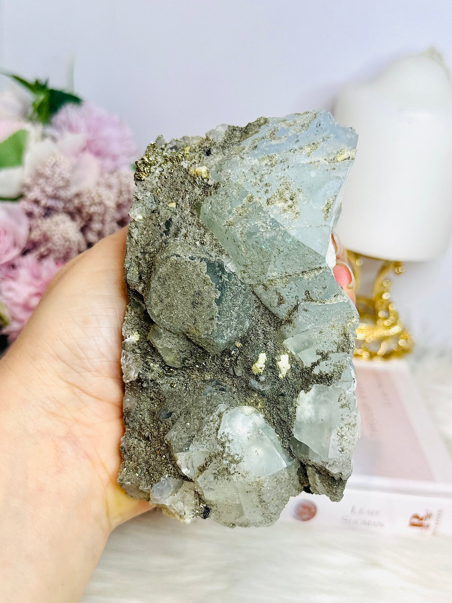 Rare Large Natural Blue Fluorite Specimen with Pyrite Inclusions 12cm 696g