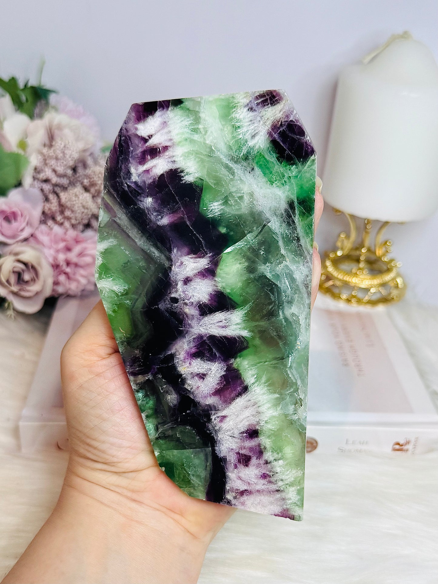 High Grade Rainbow Feather Fluorite Thick Slab 15cm
