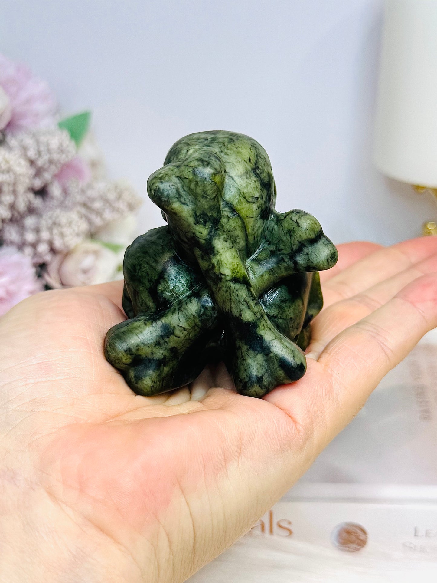 Green Jade 3 Skull & Cross Bones Carving 7cm