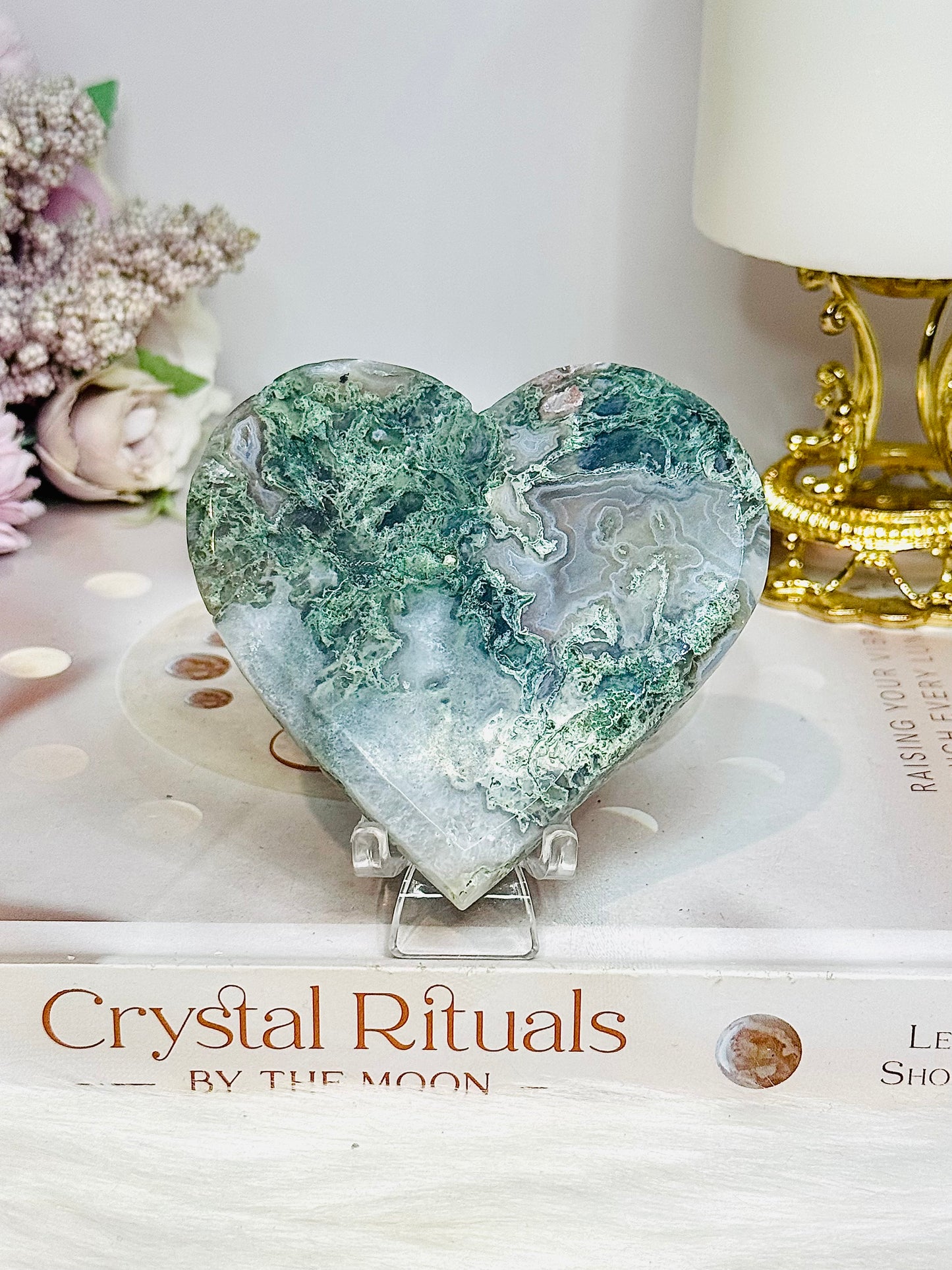 Moss Agate Carved Heart on Stand 8cm
