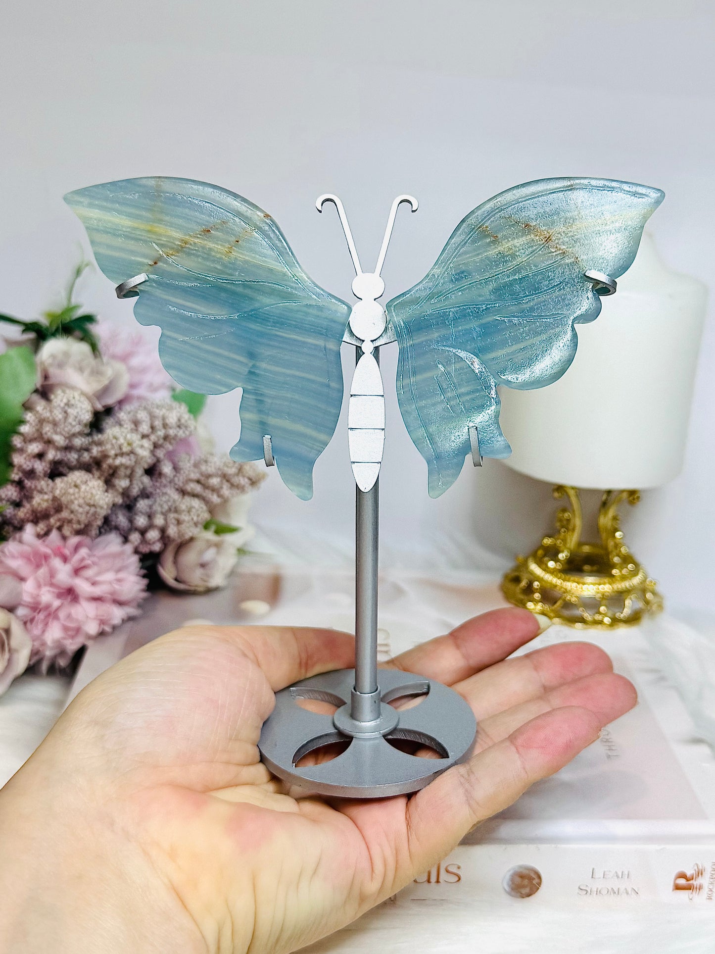 Blue Onyx Butterfly Wings On Silver Stand 14.5cm