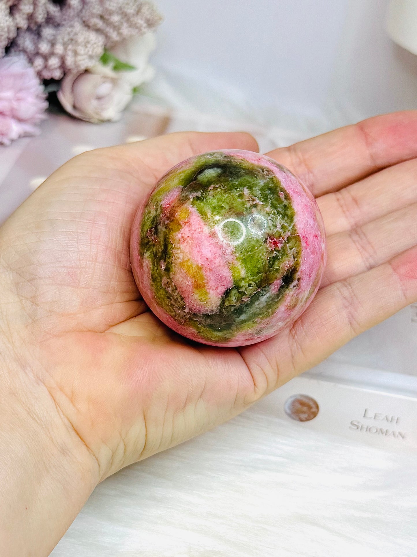 Thulite Sphere with Epidote 209g On Stand