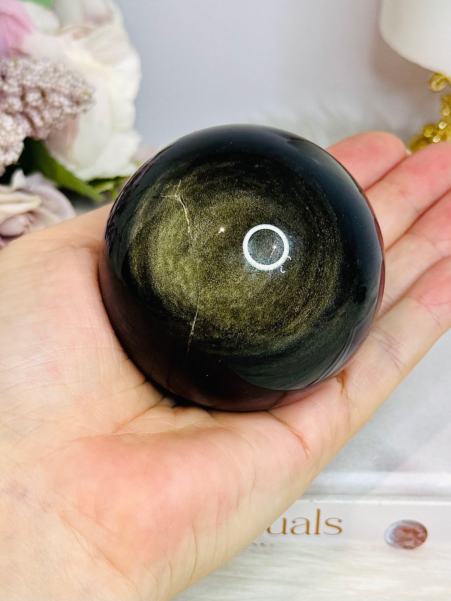 Large Gold Sheen Obsidian Sphere on Stand 353g (Discounted as surface crack on sphere)