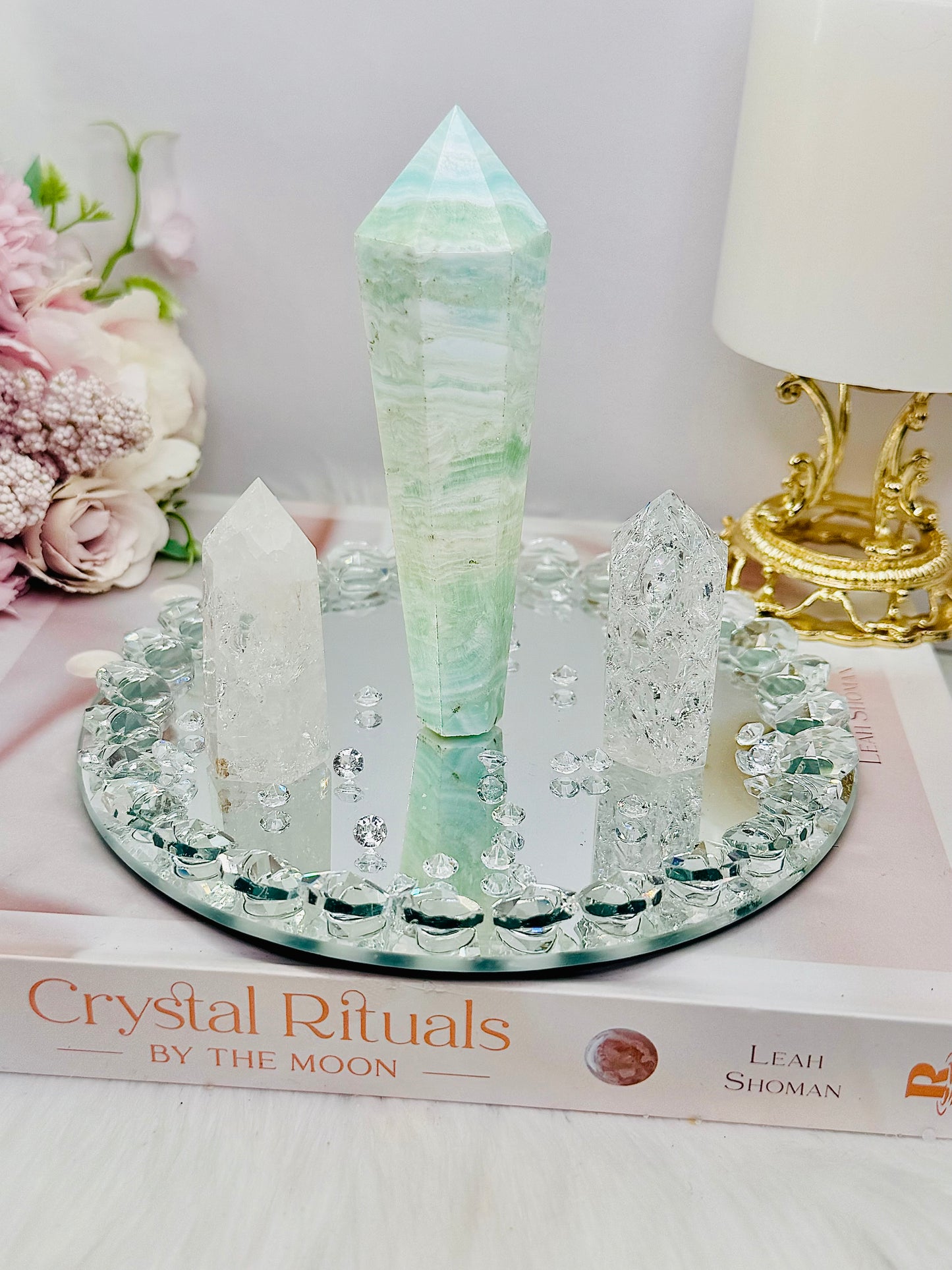 Gift Set Range ~ 15cm Diamanté Mirror with Set of Clear Quartz Crackle Towers & Caribbean Calcite Tower