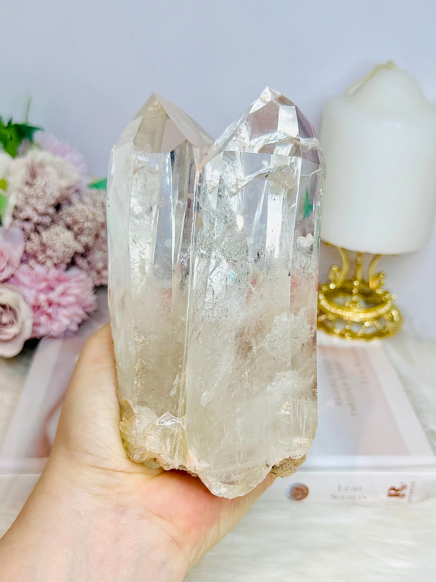 High Grade Clear Quartz Twin | Double Tower with Rainbows on Stand 18cm (on stand) 900g