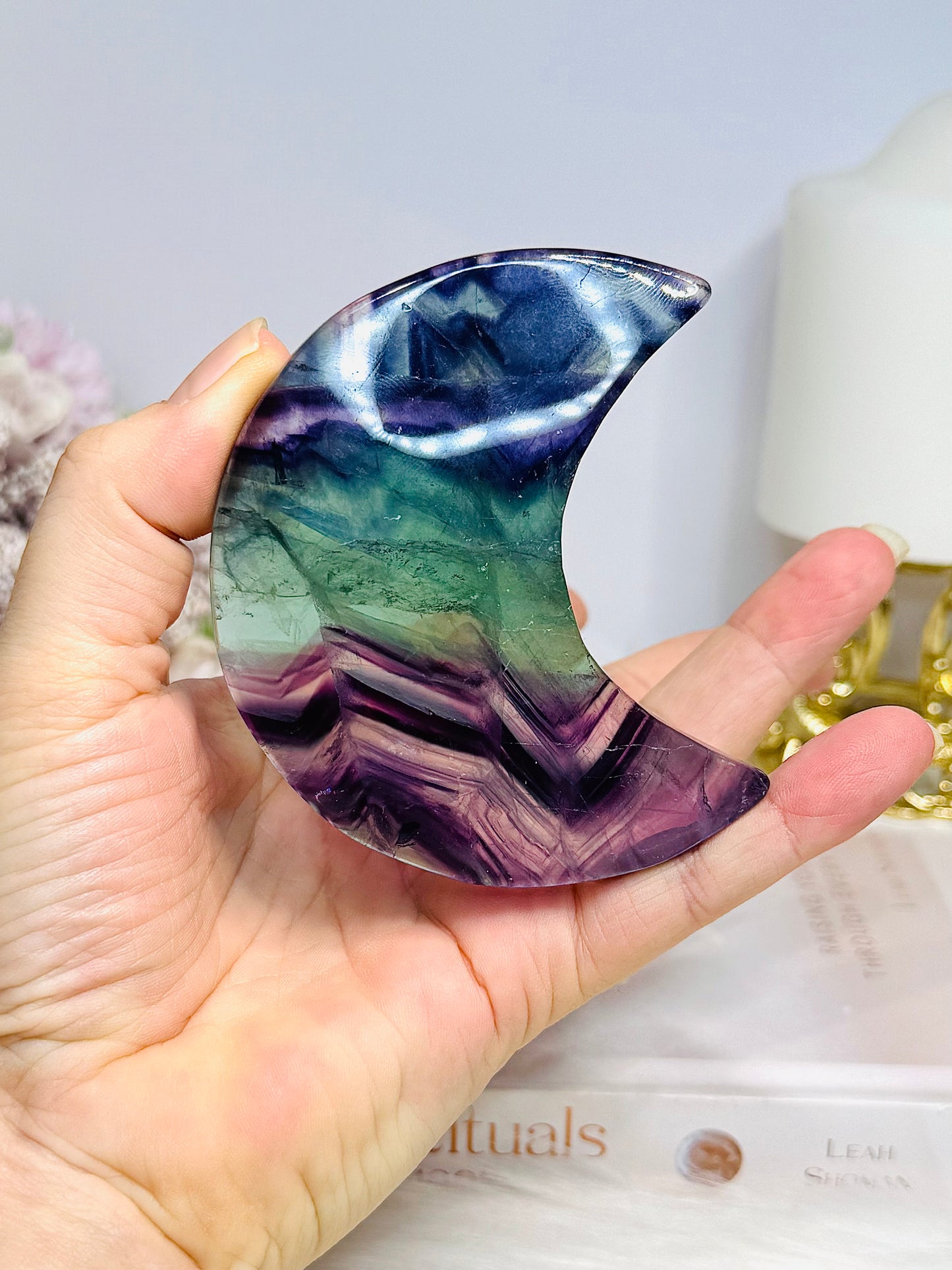 High Grade Rainbow Fluorite Moon On Stand 8.5cm