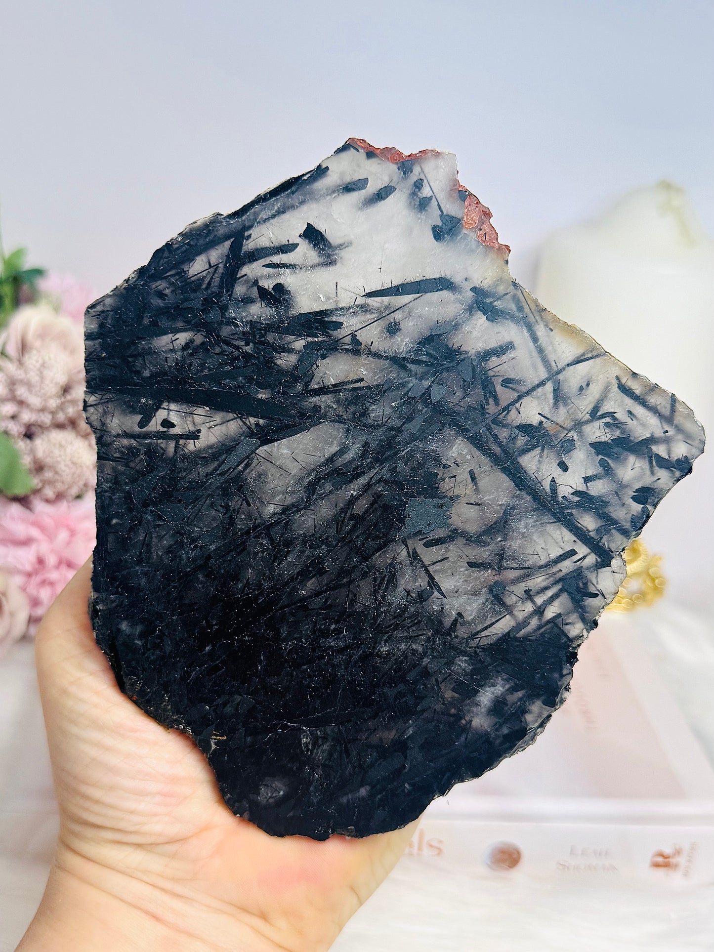 Black Tourmaline in Quartz Slab on Stand 13cm