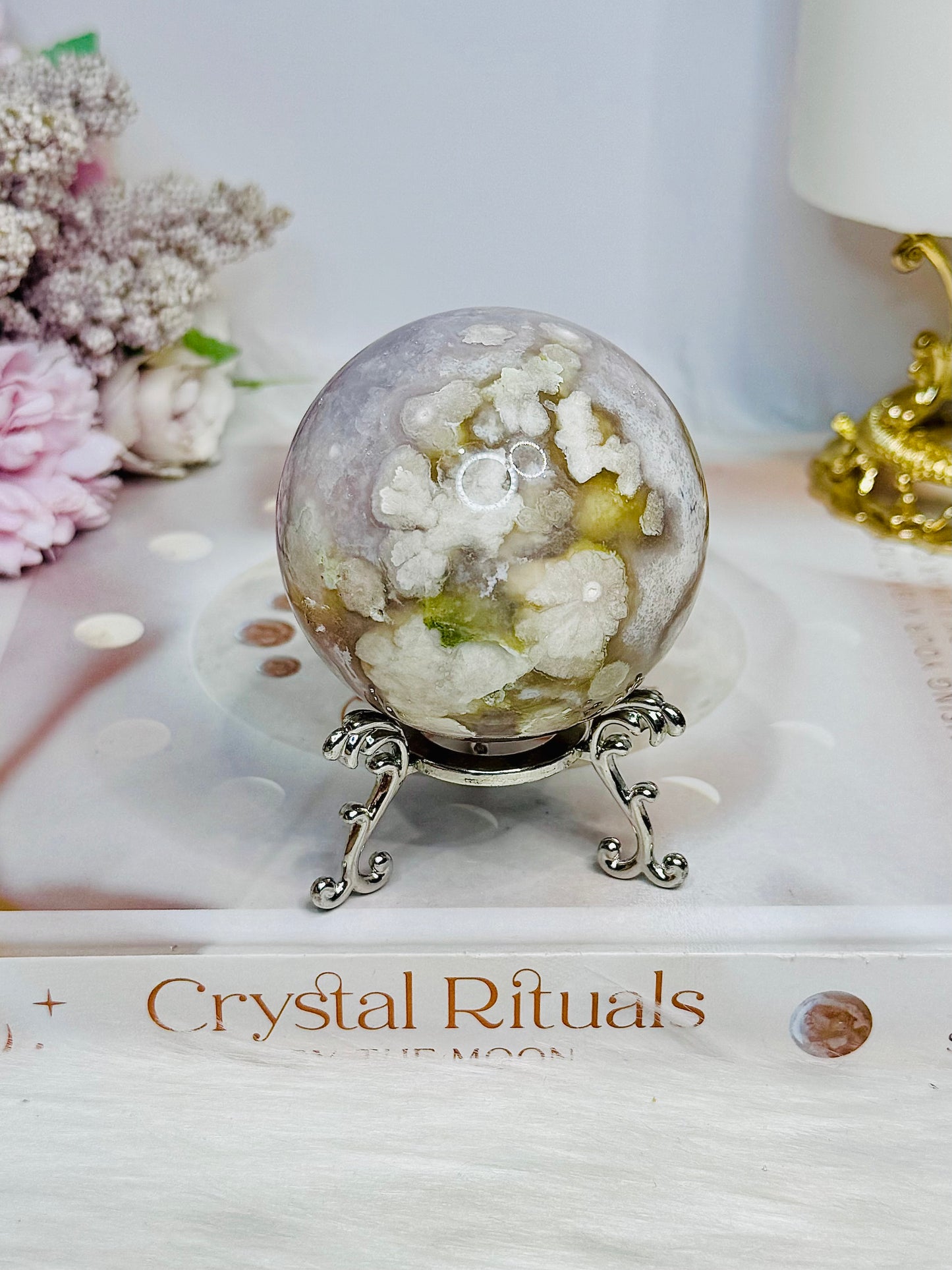 Flower Agate X Amethyst Sphere on Stand 280g