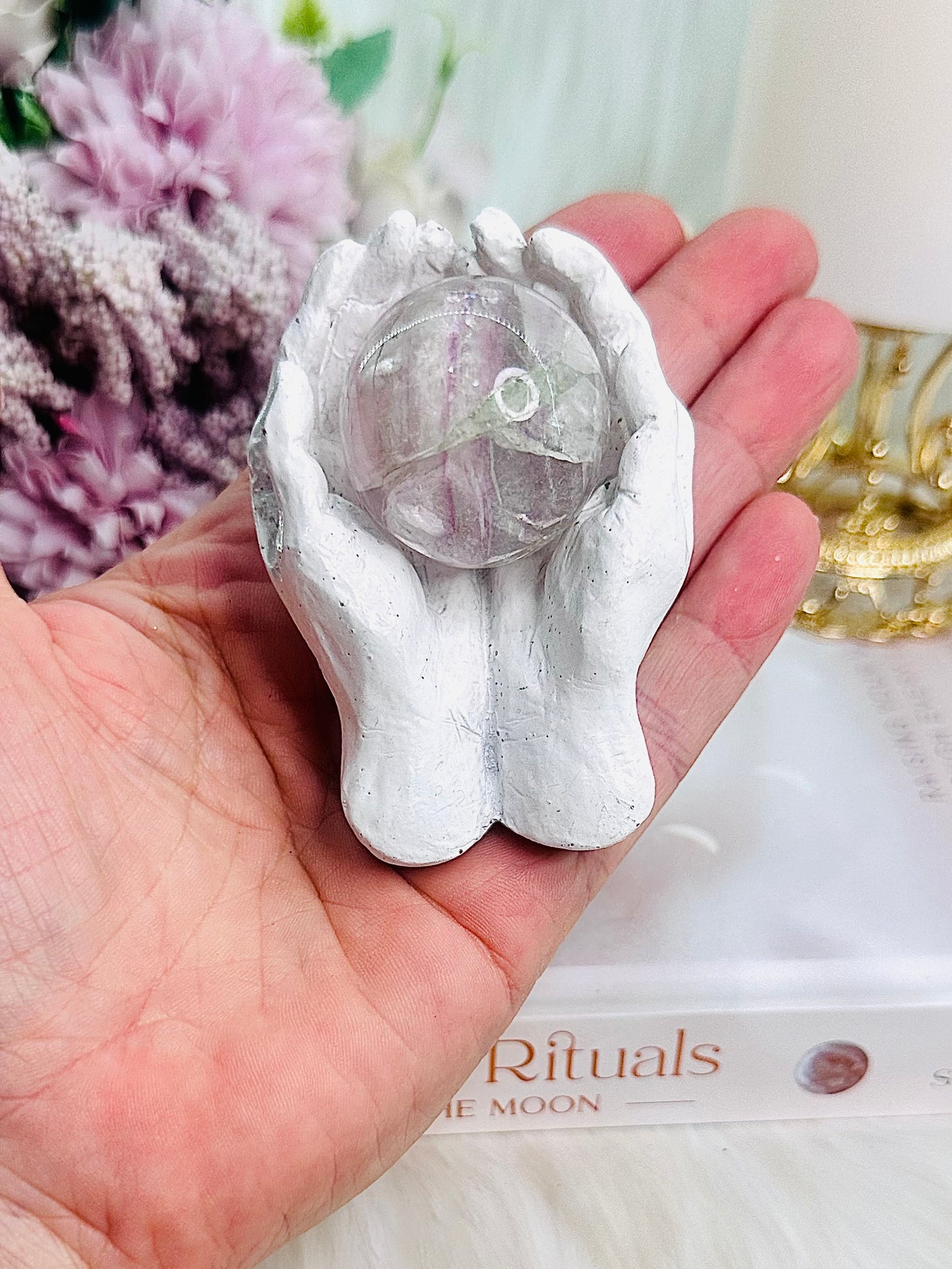 Absolutely Gorgeous Fluorite Sphere with Gorgeous Clarity in Hands Holder $39