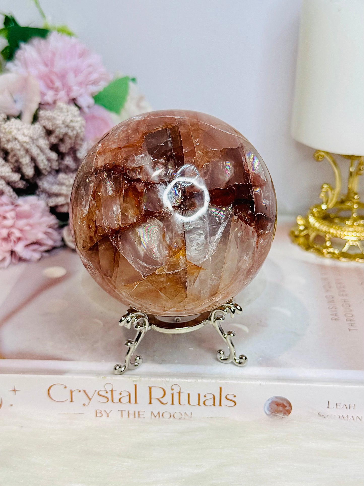 High Grade Large Fire Quartz | Hematoid Quartz Sphere with Rainbows on Stand 725g