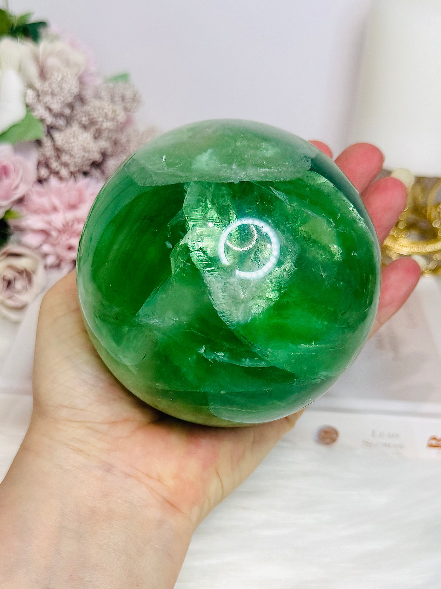 Huge Green Fluorite Sphere with Rainbows On Tall Glass Stand 1.4KG (stand can be changed)