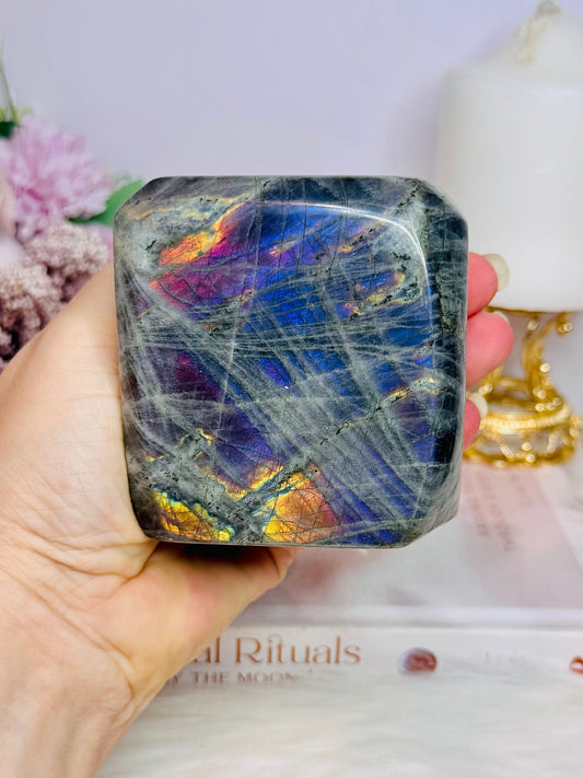 Large Polished Labradorite Freeform 638g with Pink & Purple Flash (looks blue but is purple)